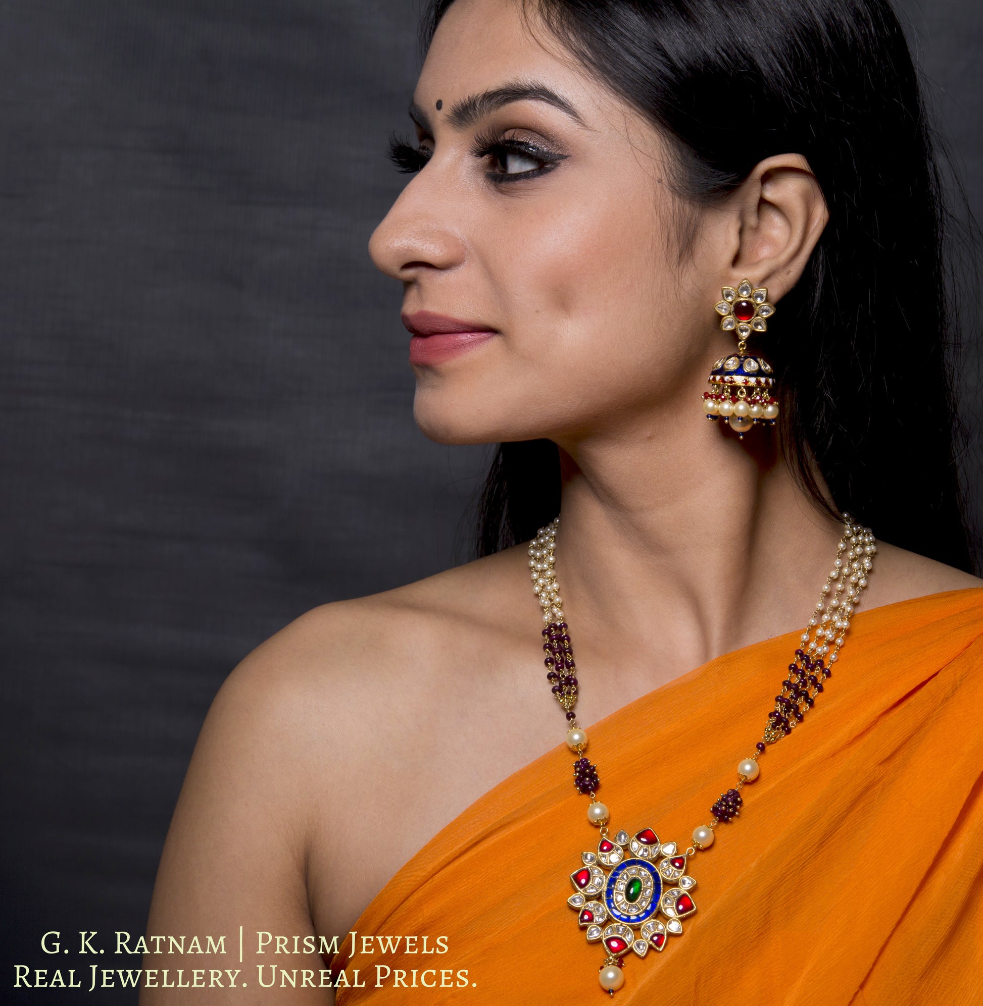 23k Gold and Diamond Polki red and blue Pendant Set with natural ruby and pearl chains - gold diamond polki kundan meena jadau jewellery