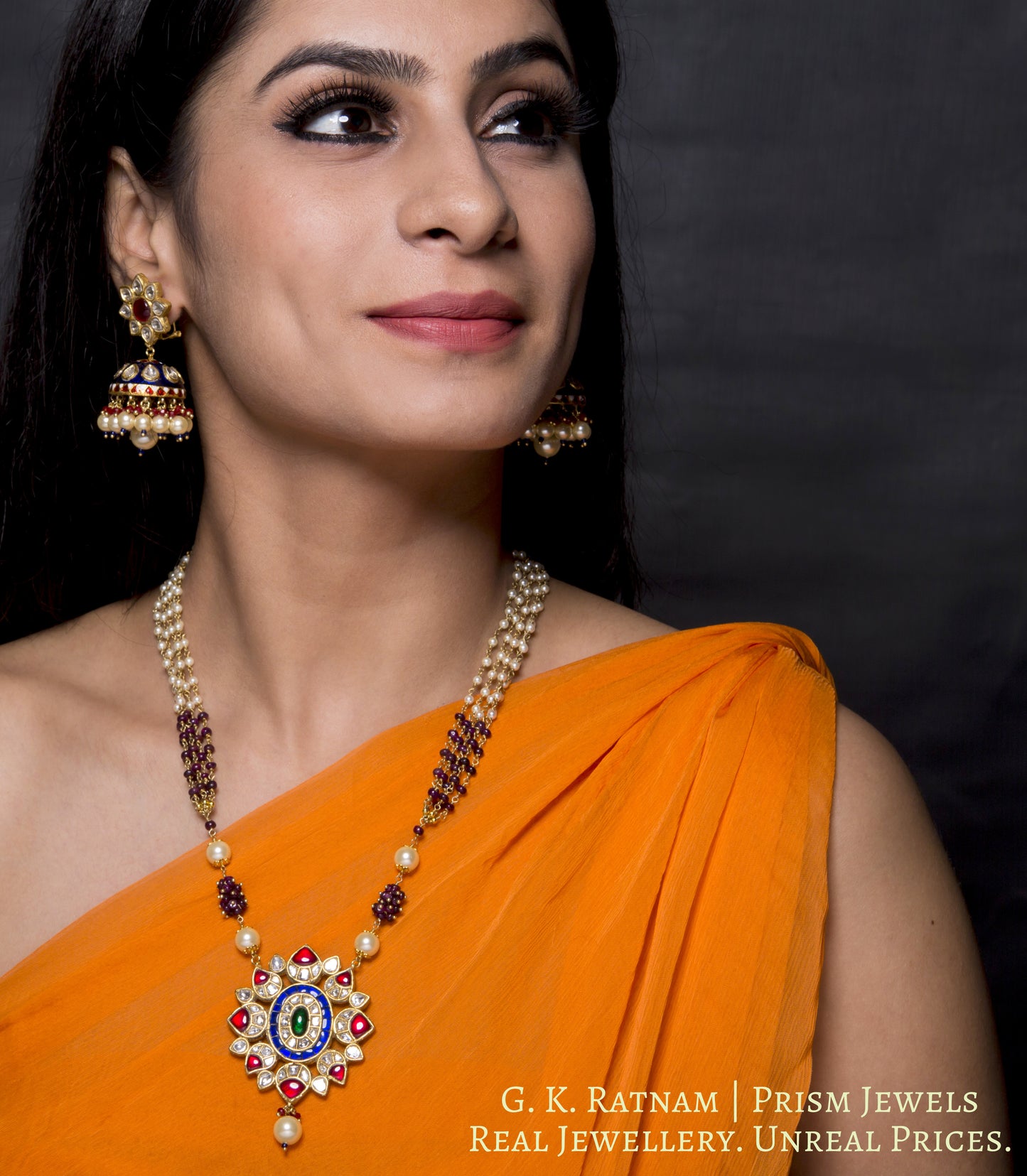 23k Gold and Diamond Polki red and blue Pendant Set with natural ruby and pearl chains - gold diamond polki kundan meena jadau jewellery