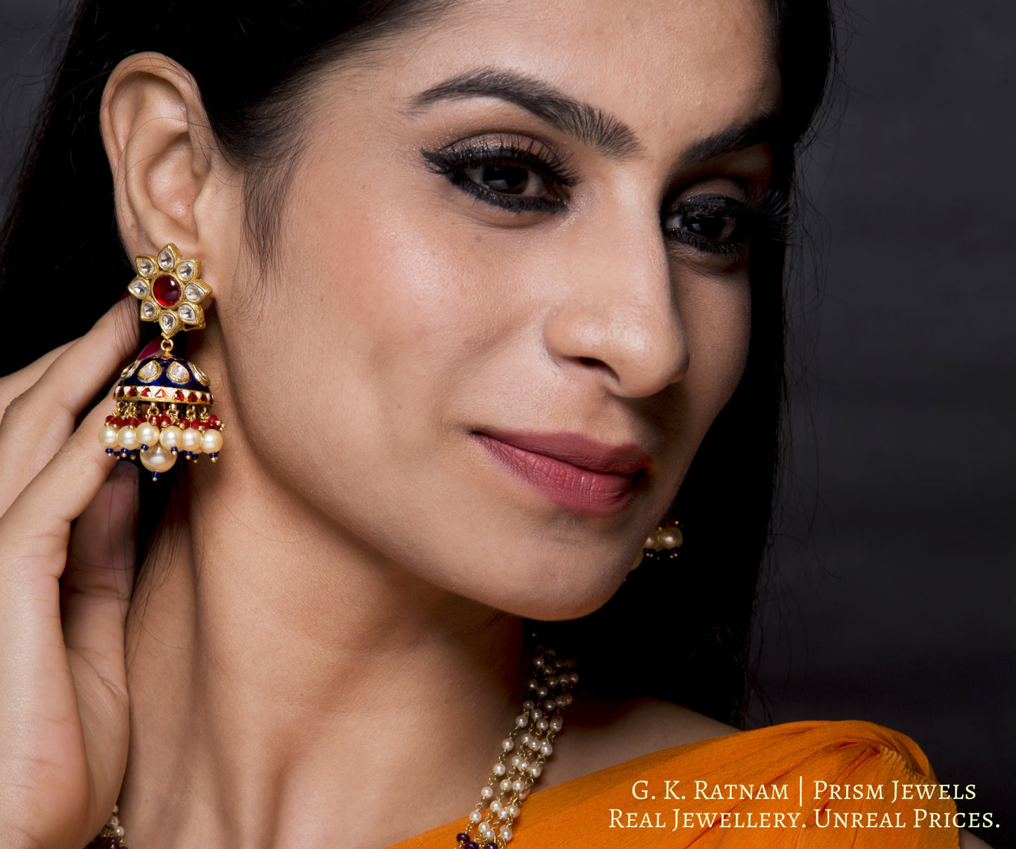23k Gold and Diamond Polki red and blue Pendant Set with natural ruby and pearl chains - gold diamond polki kundan meena jadau jewellery