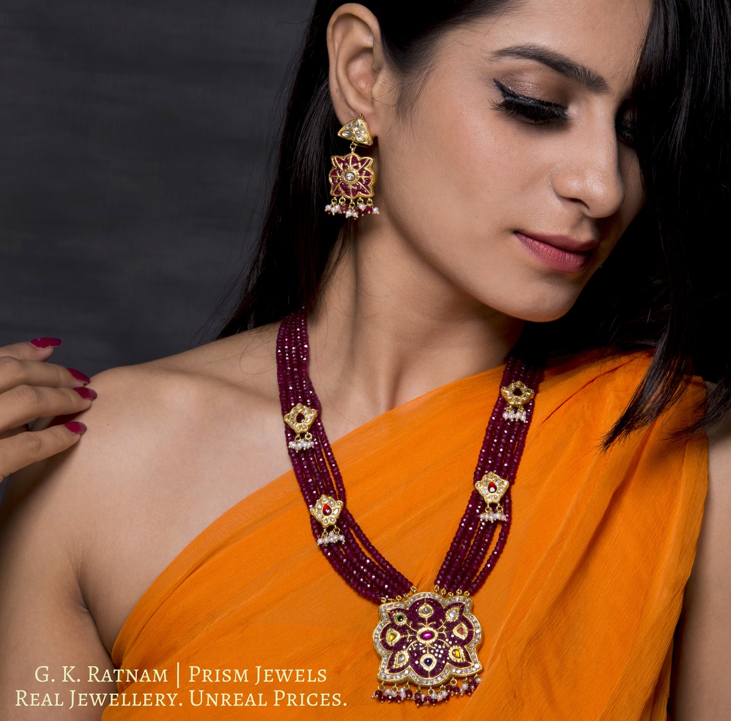 23k Gold and Diamond Polki fancy Navratna Pendant Set with Natural Rubies - gold diamond polki kundan meena jadau jewellery