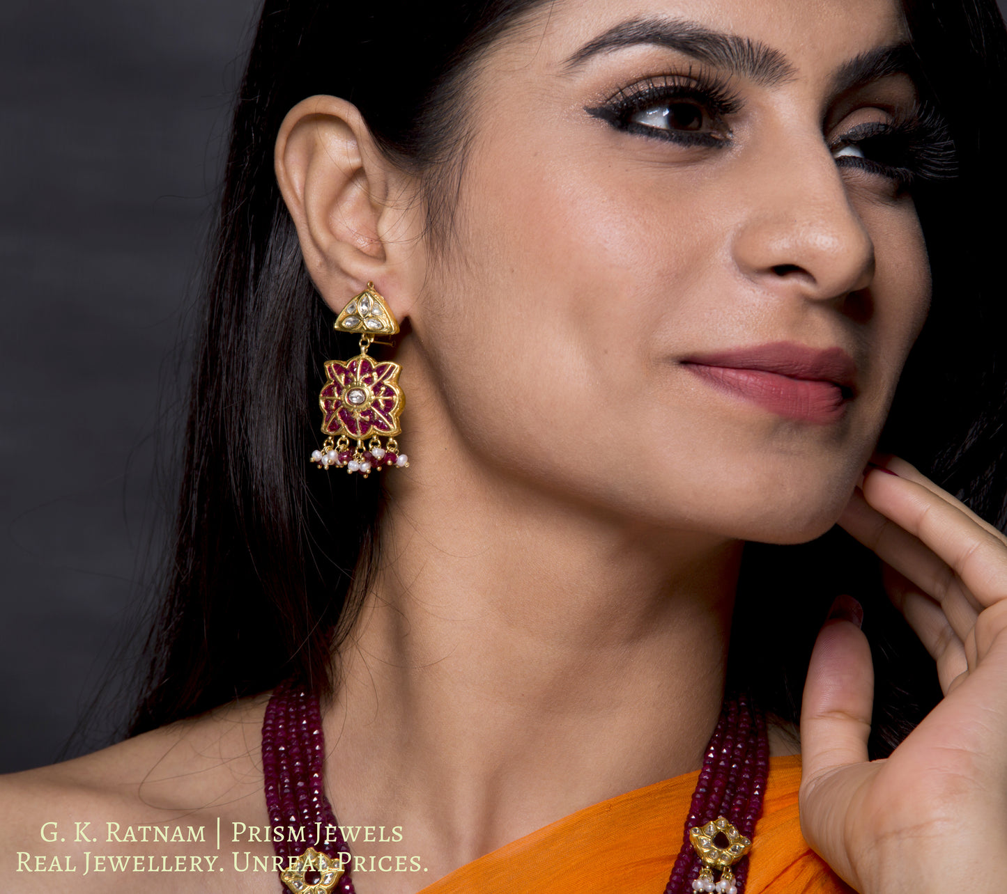 23k Gold and Diamond Polki fancy Navratna Pendant Set with Natural Rubies - gold diamond polki kundan meena jadau jewellery