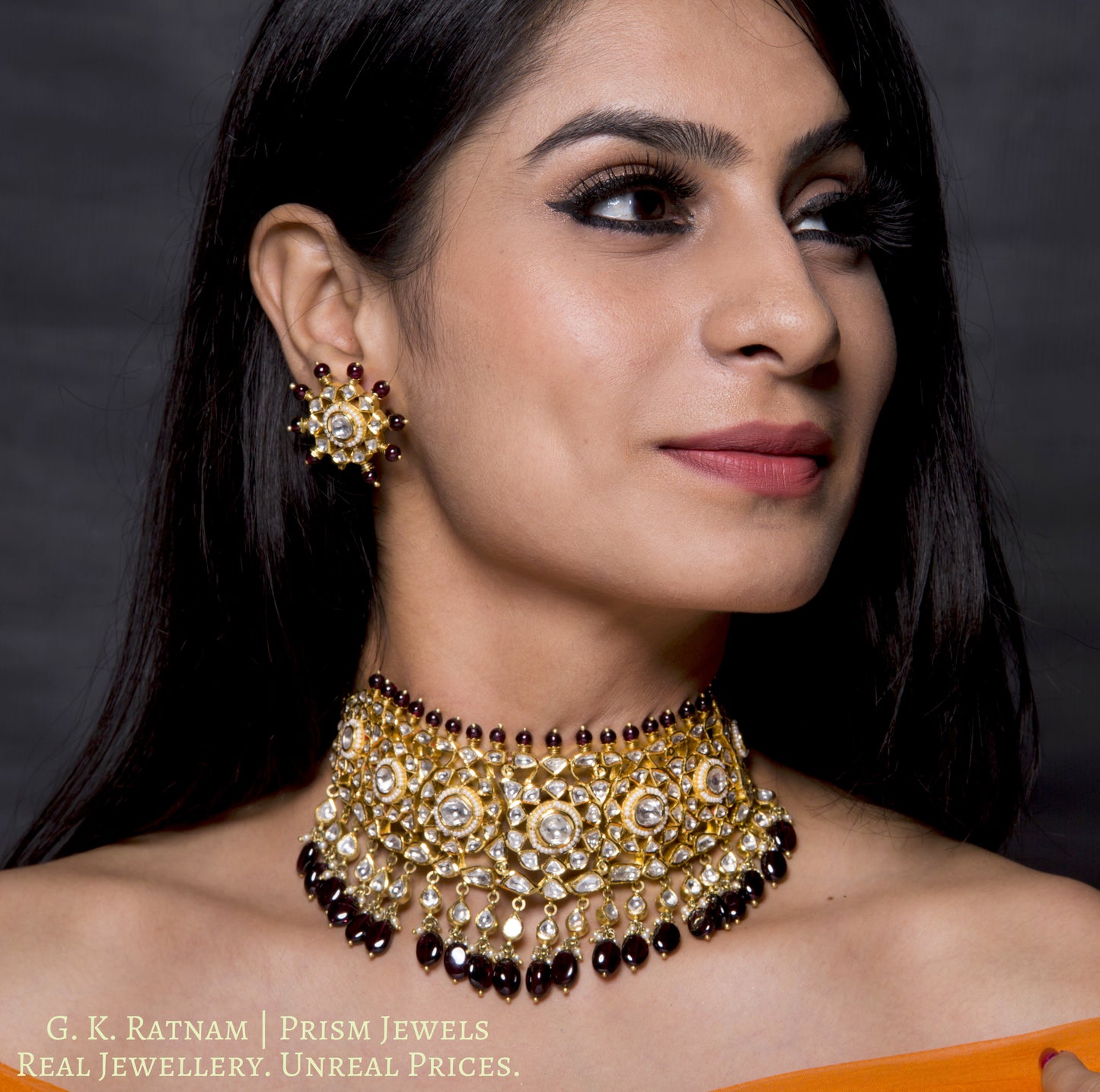 18k Gold and Diamond Polki Choker Necklace Set with Mozambique Garnets - gold diamond polki kundan meena jadau jewellery