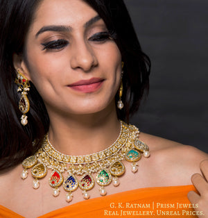 23k Gold and Diamond Polki Necklace Set with pear-shaped Navratna Hangings - G. K. Ratnam