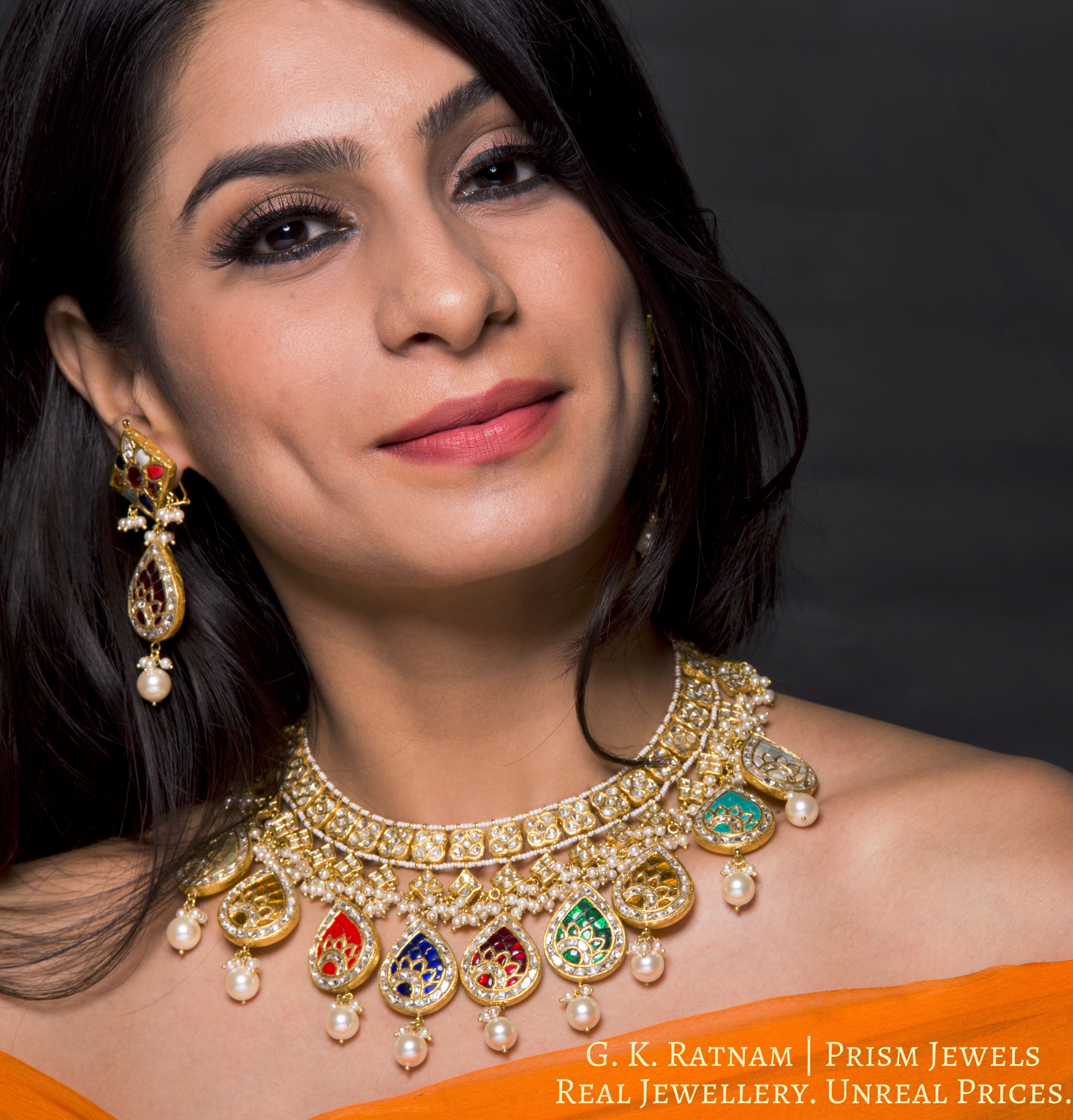 23k Gold and Diamond Polki Necklace Set with pear-shaped Navratna Hangings - G. K. Ratnam