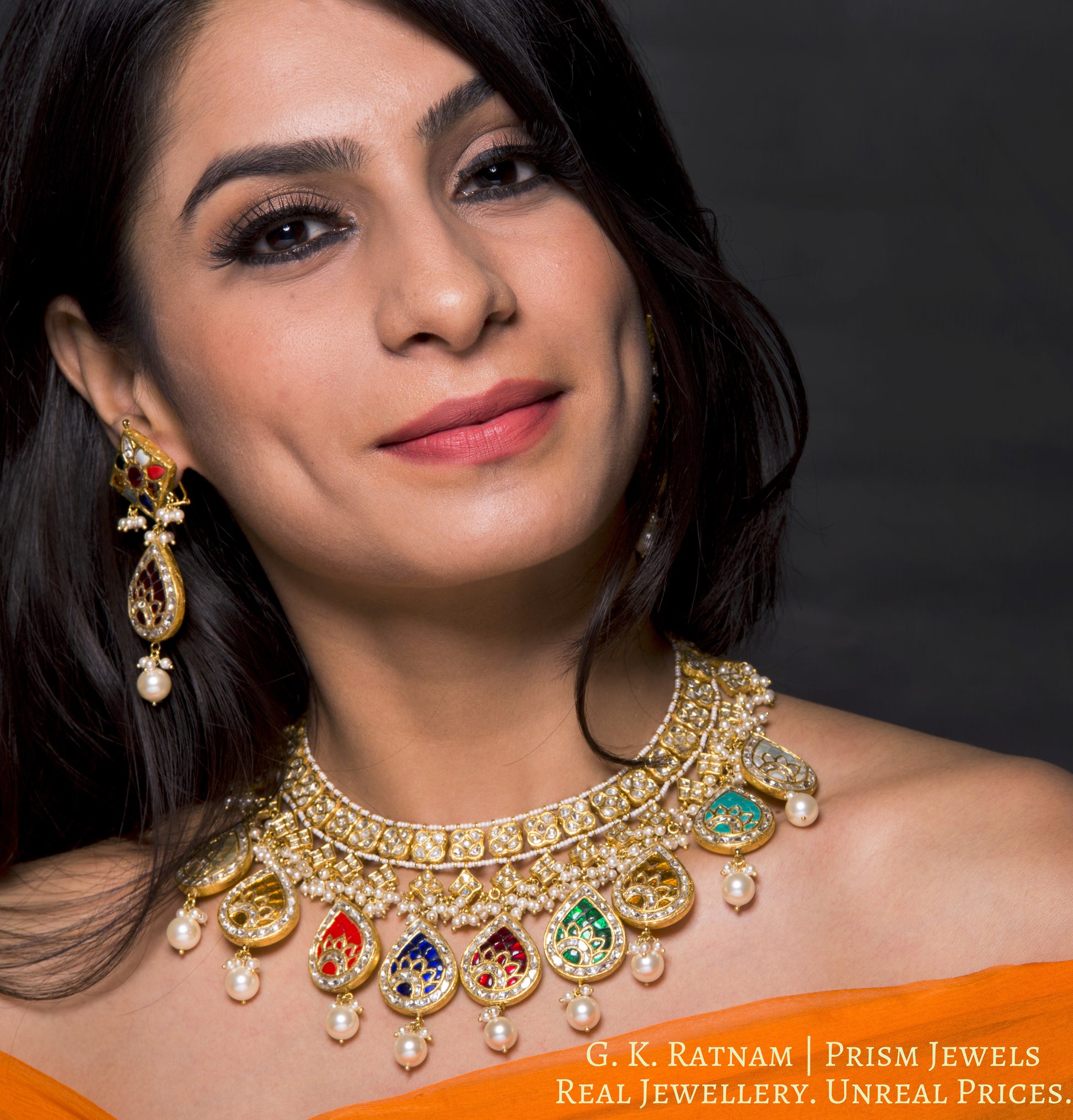 23k Gold and Diamond Polki Necklace Set with pear-shaped Navratna Hangings - G. K. Ratnam
