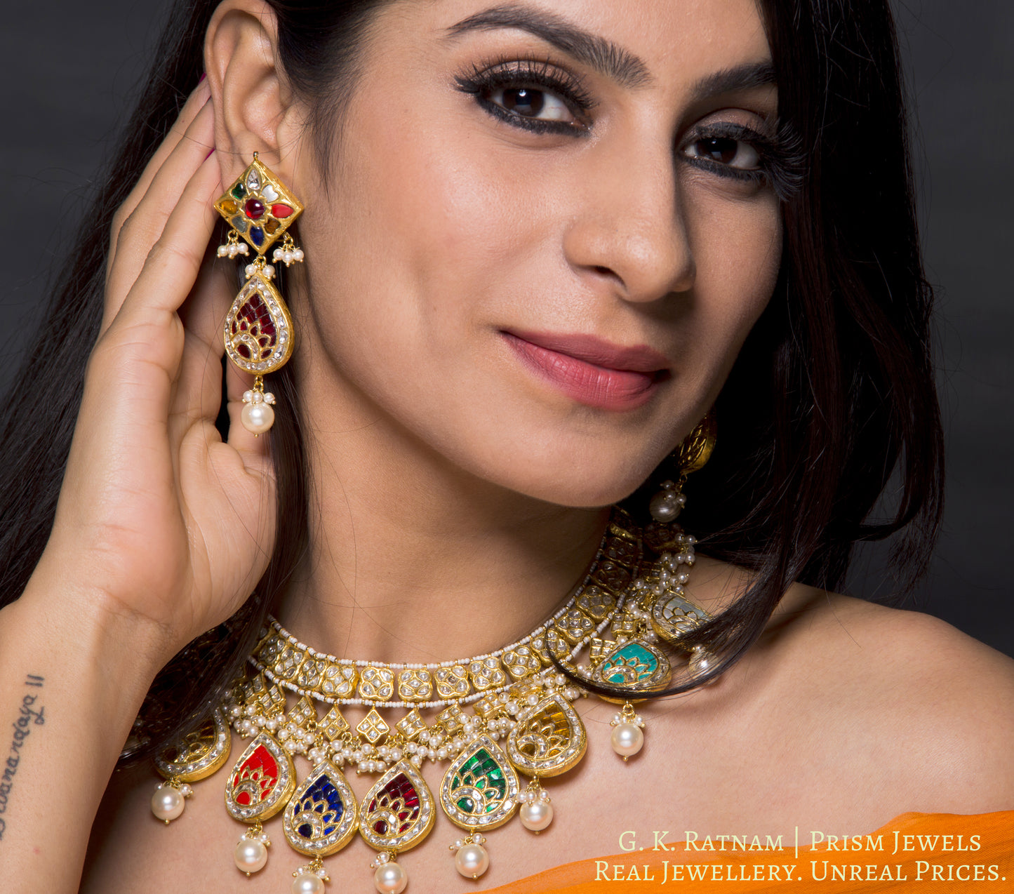 23k Gold and Diamond Polki Necklace Set with pear-shaped Navratna Hangings - G. K. Ratnam
