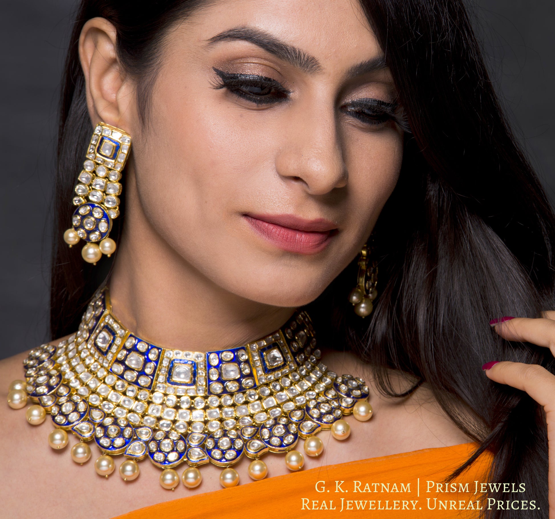 18k Gold and Diamond Polki Choker Necklace Set with Blue Enamel - G. K. Ratnam