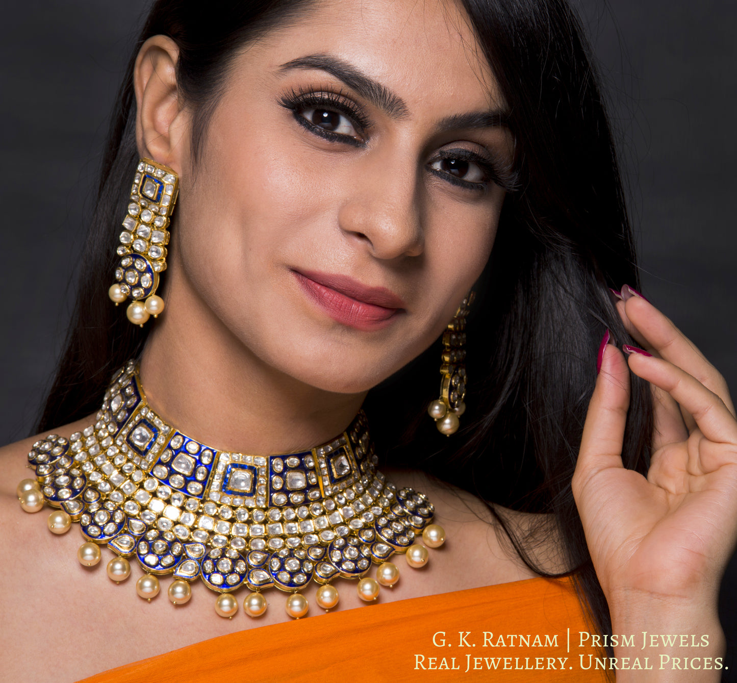 18k Gold and Diamond Polki Choker Necklace Set with Blue Enamel - G. K. Ratnam