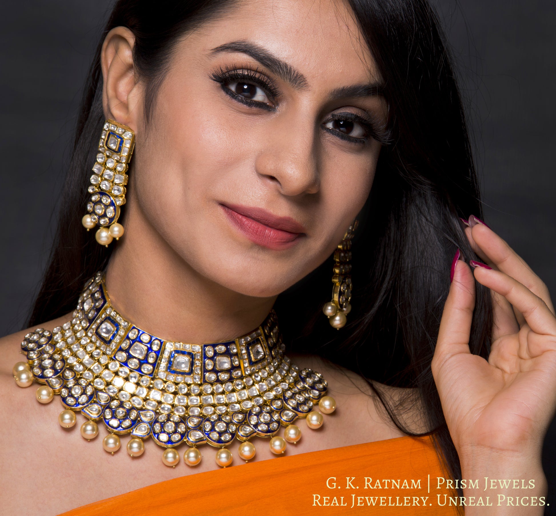 18k Gold and Diamond Polki Choker Necklace Set with Blue Enamel - G. K. Ratnam