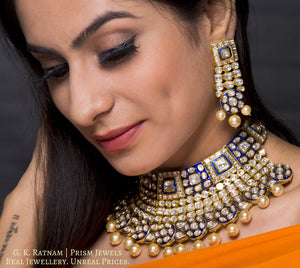 18k Gold and Diamond Polki Choker Necklace Set with Blue Enamel - G. K. Ratnam