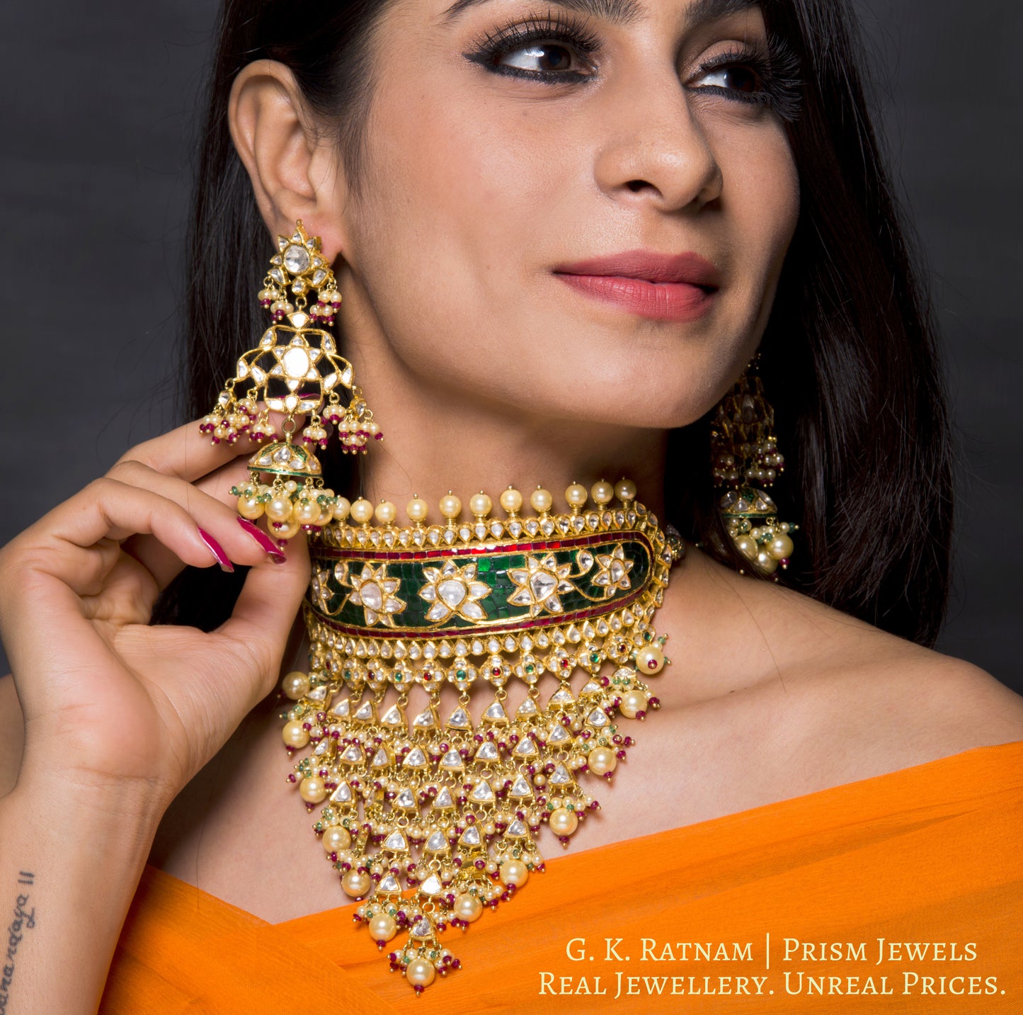 18k Gold and Diamond Polki Rajpooti Aad Choker Necklace Set with Natural Emeralds and Rubies - G. K. Ratnam