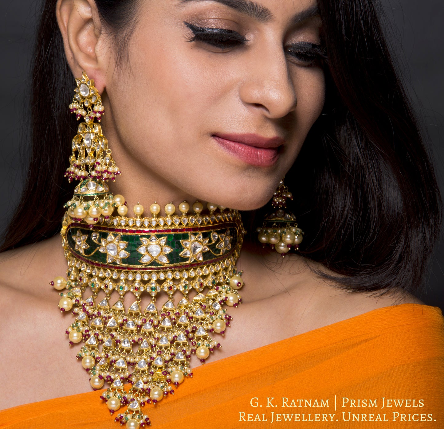 18k Gold and Diamond Polki Rajpooti Aad Choker Necklace Set with Natural Emeralds and Rubies - G. K. Ratnam