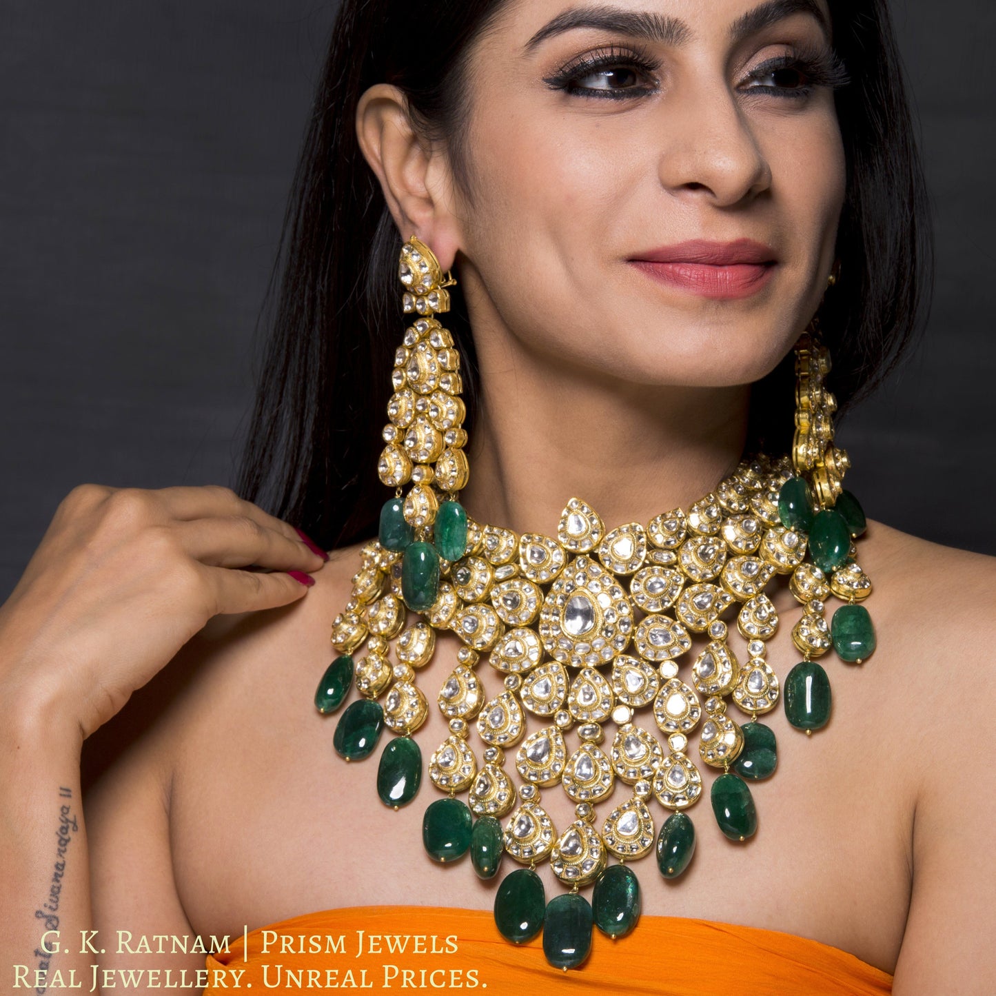 18k Gold and Diamond Polki Bridal Necklace Set with emerald-grade Green Beryl Hangings - gold diamond polki kundan meena jadau jewellery