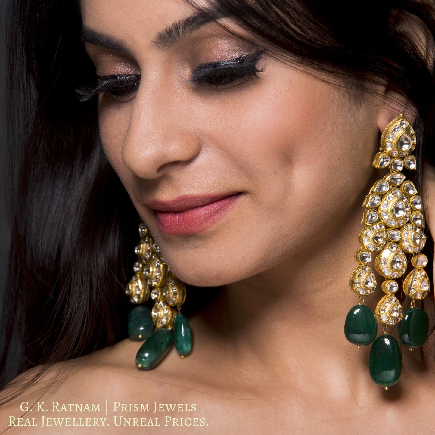 18k Gold and Diamond Polki Bridal Necklace Set with emerald-grade Green Beryl Hangings - gold diamond polki kundan meena jadau jewellery
