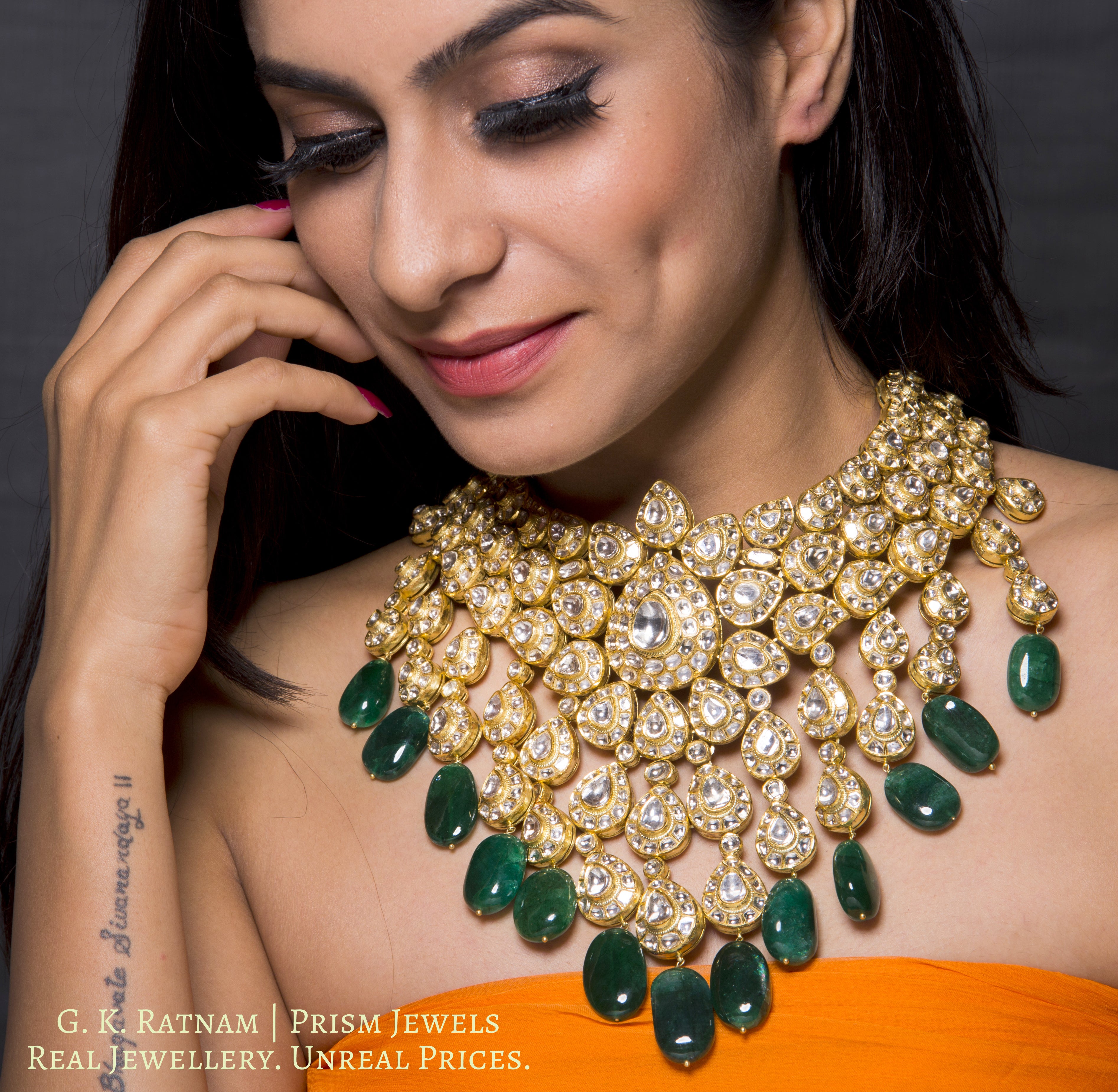 18k Gold and Diamond Polki Bridal Necklace Set with emerald-grade Green Beryl Hangings - gold diamond polki kundan meena jadau jewellery