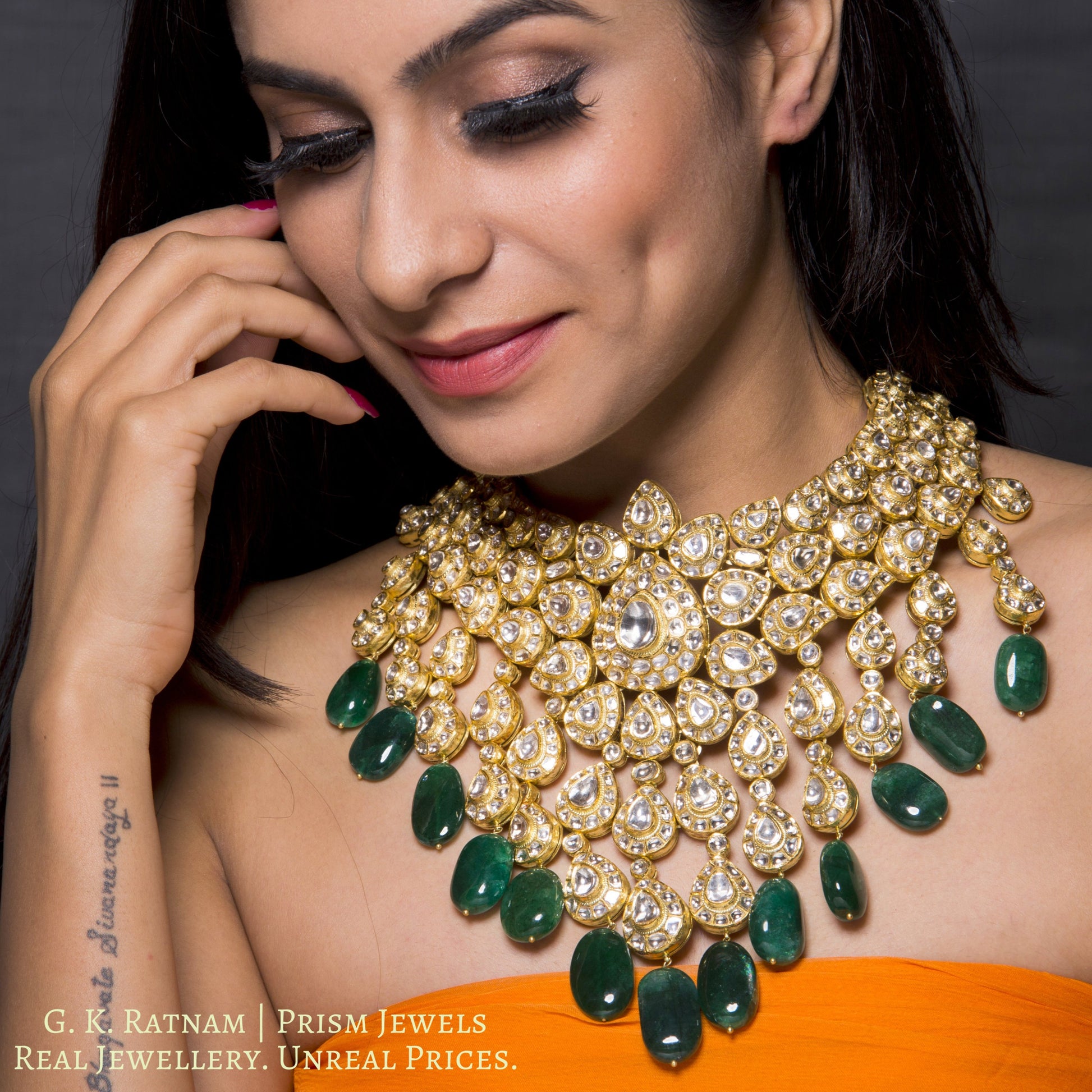 18k Gold and Diamond Polki Bridal Necklace Set with emerald-grade Green Beryl Hangings - gold diamond polki kundan meena jadau jewellery