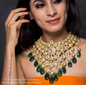 18k Gold and Diamond Polki Bridal Necklace Set with emerald-grade Green Beryl Hangings - gold diamond polki kundan meena jadau jewellery