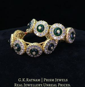 23k Gold and Diamond Polki Bracelet Pair (Paunchi / Ponchi) with emerald-grade Carved Stones