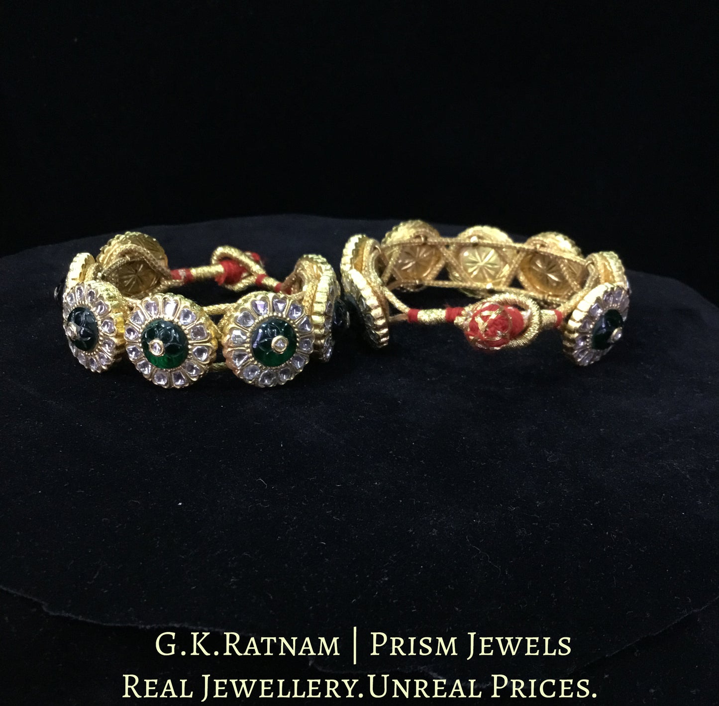 23k Gold and Diamond Polki Bracelet Pair (Paunchi / Ponchi) with emerald-grade Carved Stones