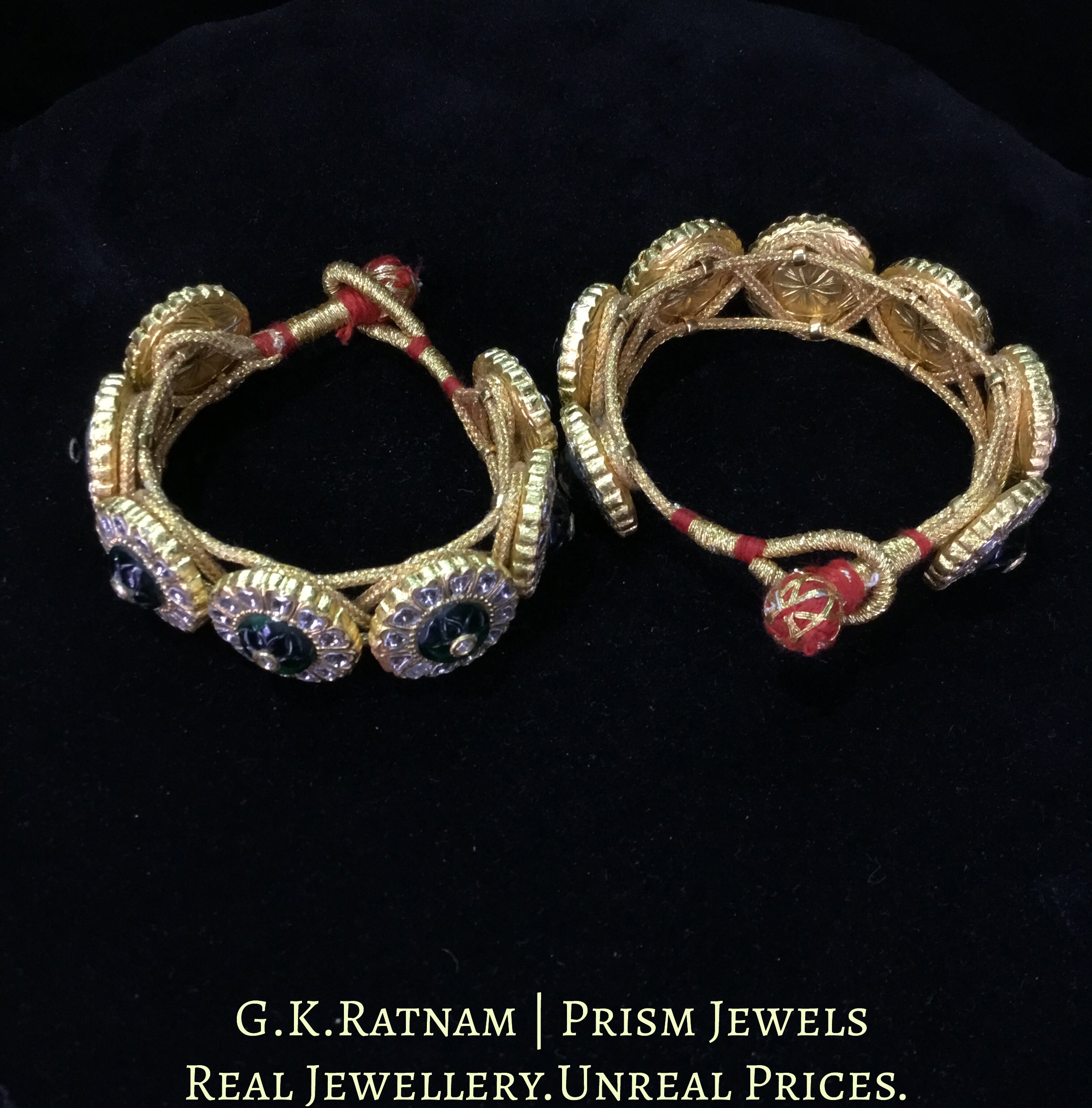 23k Gold and Diamond Polki Bracelet Pair (Paunchi / Ponchi) with emerald-grade Carved Stones