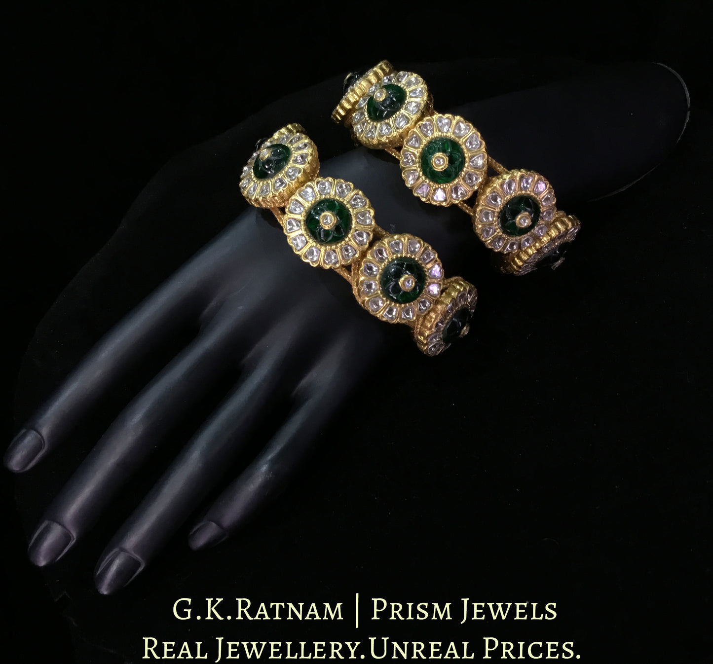23k Gold and Diamond Polki Bracelet Pair (Paunchi / Ponchi) with emerald-grade Carved Stones