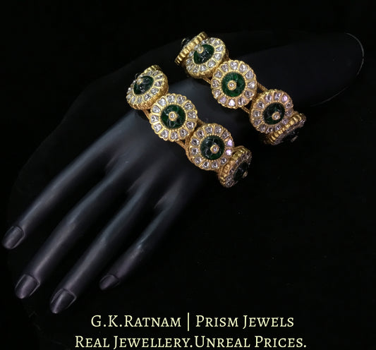 23k Gold and Diamond Polki Bracelet Pair (Paunchi / Ponchi) with emerald-grade Carved Stones