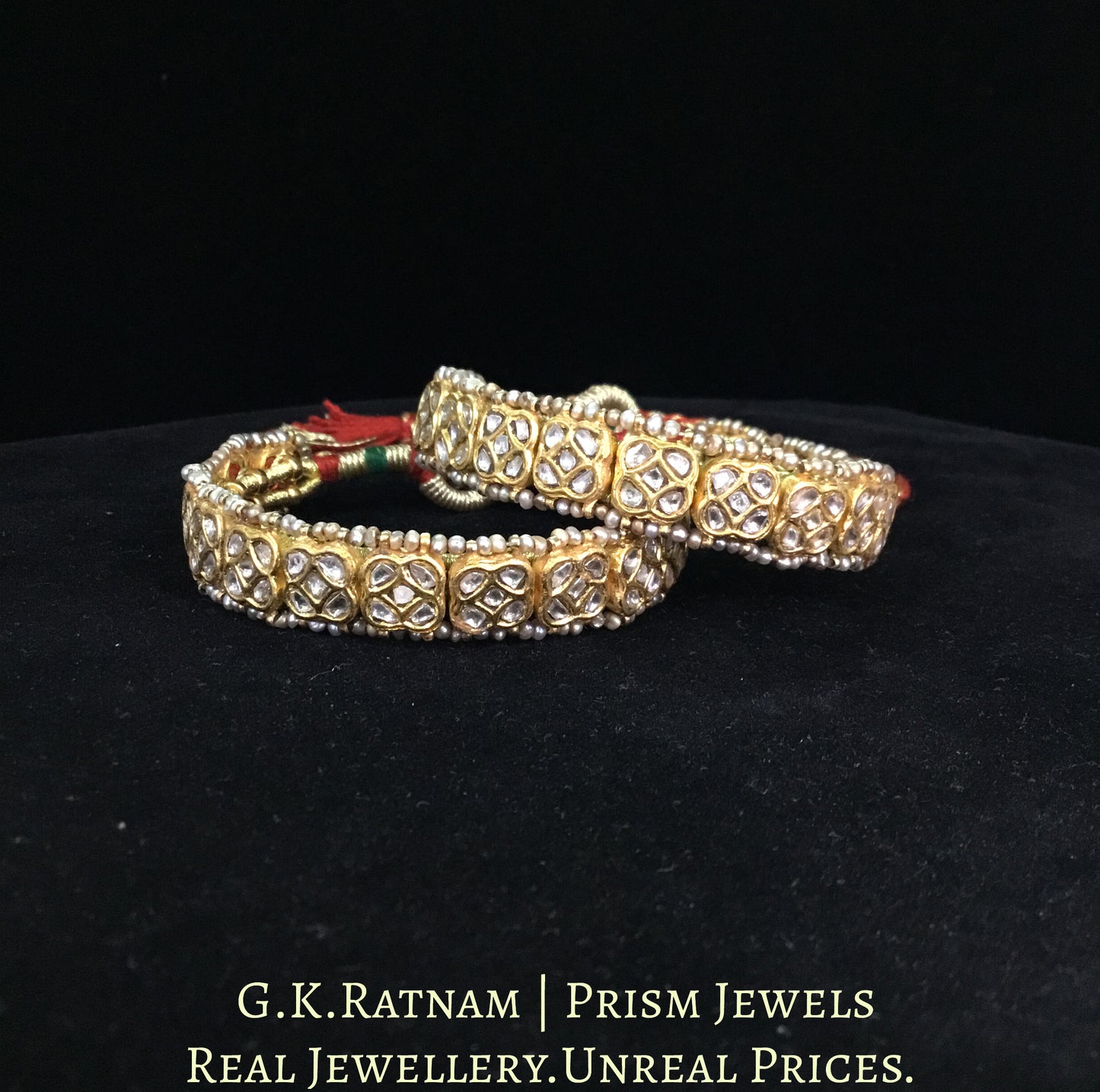 23k Gold and Diamond Polki Bracelet Pair (Paunchi / Ponchi) with Antiqued Freshwater Pearls