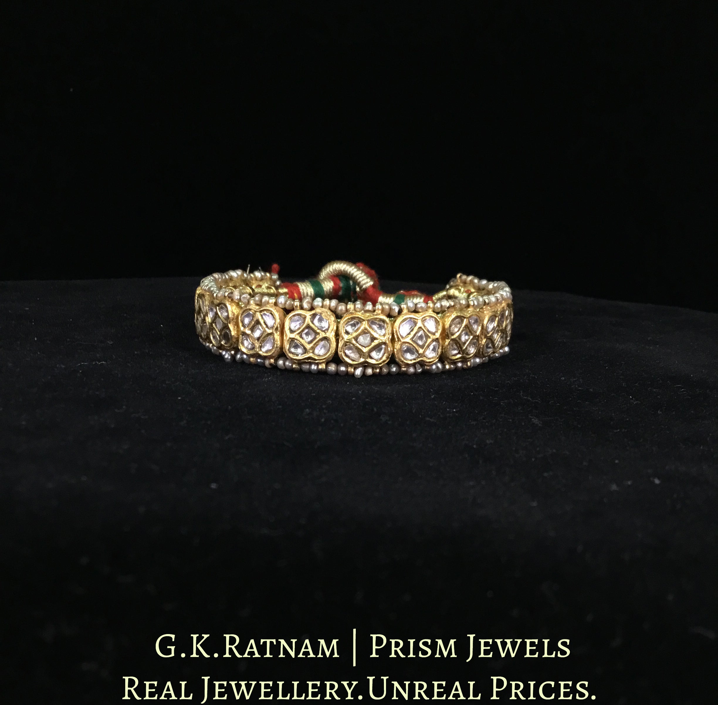 23k Gold and Diamond Polki Bracelet Pair (Paunchi / Ponchi) with Antiqued Freshwater Pearls