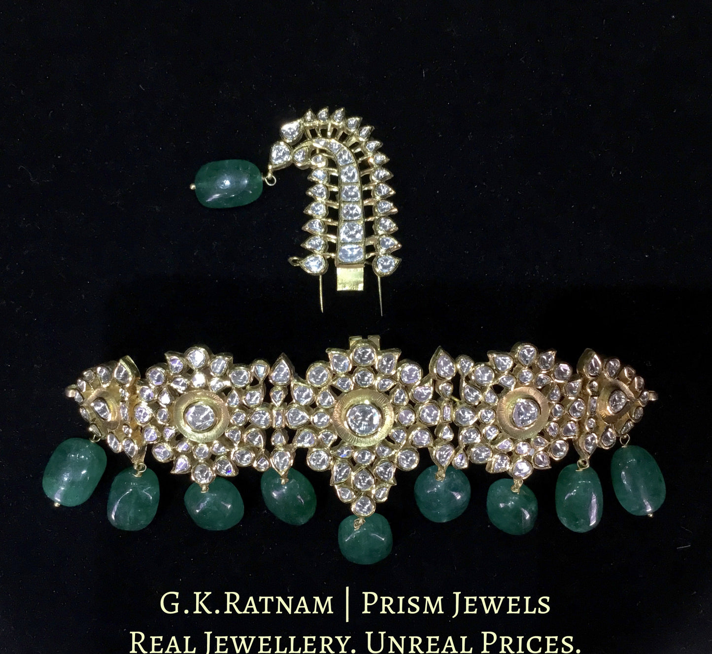 18k Gold and Diamond Polki Kilangi Cum Choker Necklace With Green Beryls - G. K. Ratnam