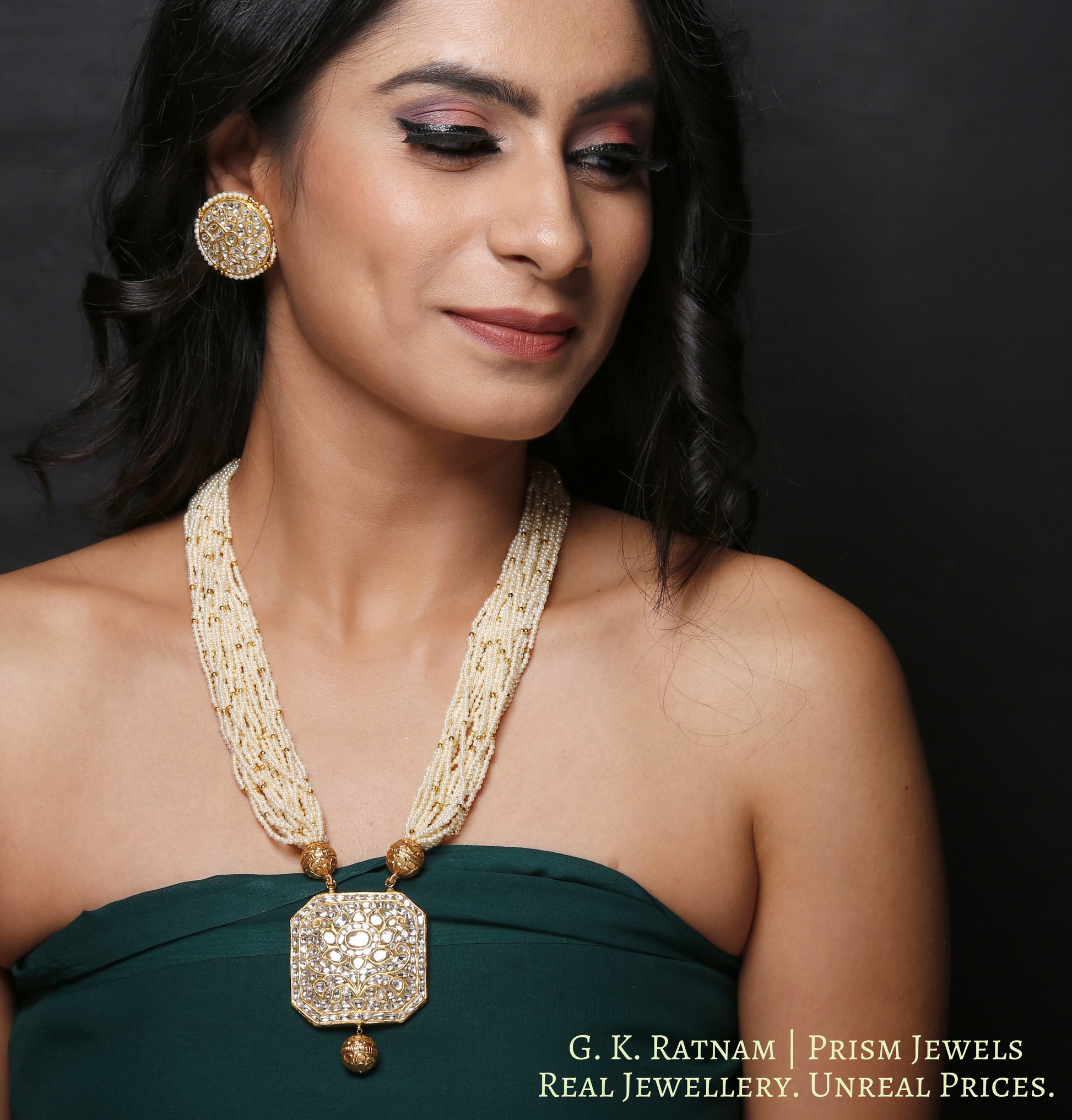 23k Gold and Diamond Polki Octagonal Pendant Set in lustrous pearl bunches scattered with golden beads - gold diamond polki kundan meena jadau jewellery