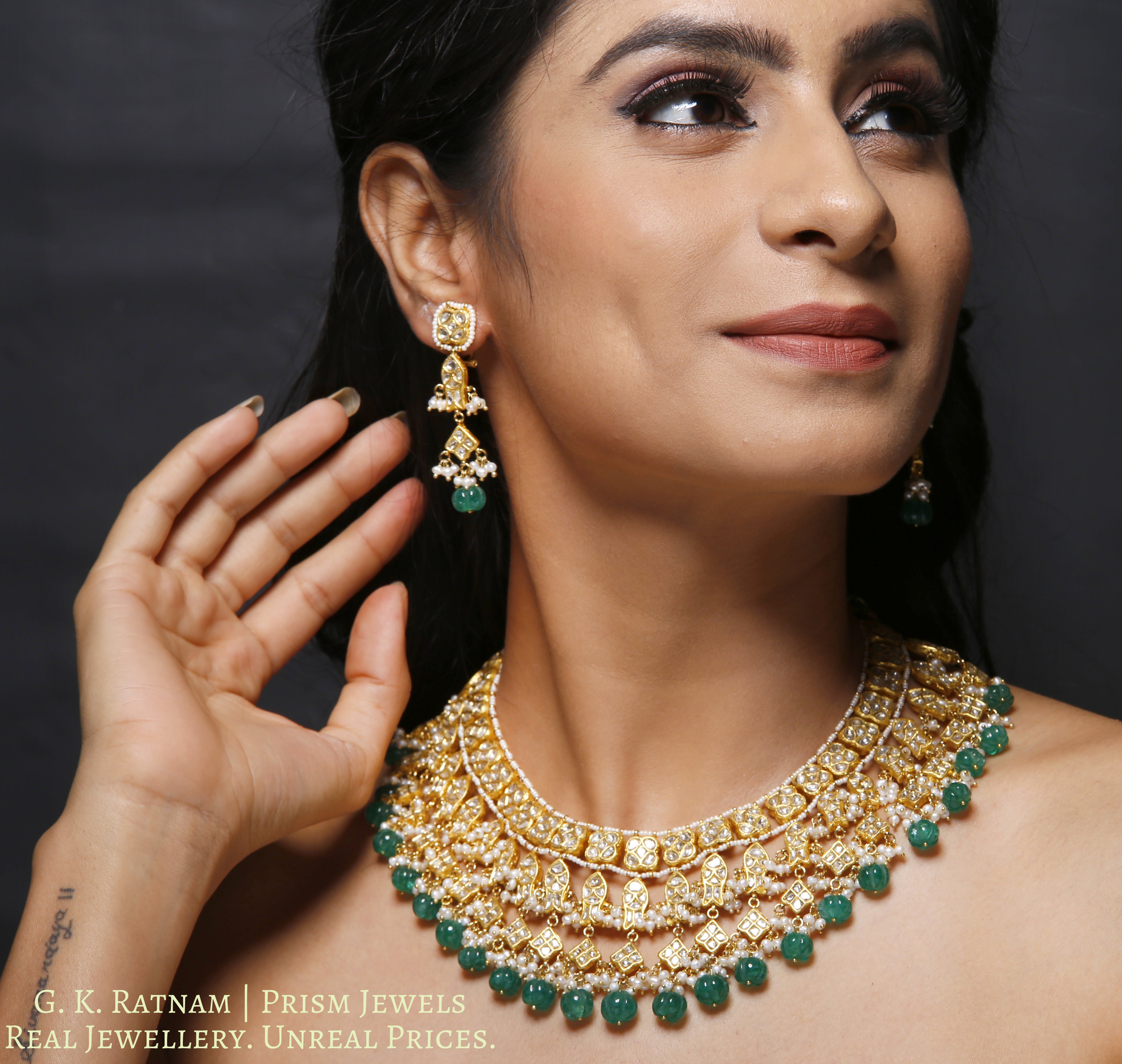23k Gold and Diamond Polki Necklace Set with fishes and emerald-green melon shaped beads - gold diamond polki kundan meena jadau jewellery