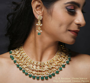23k Gold and Diamond Polki Necklace Set with fishes and emerald-green melon shaped beads - gold diamond polki kundan meena jadau jewellery