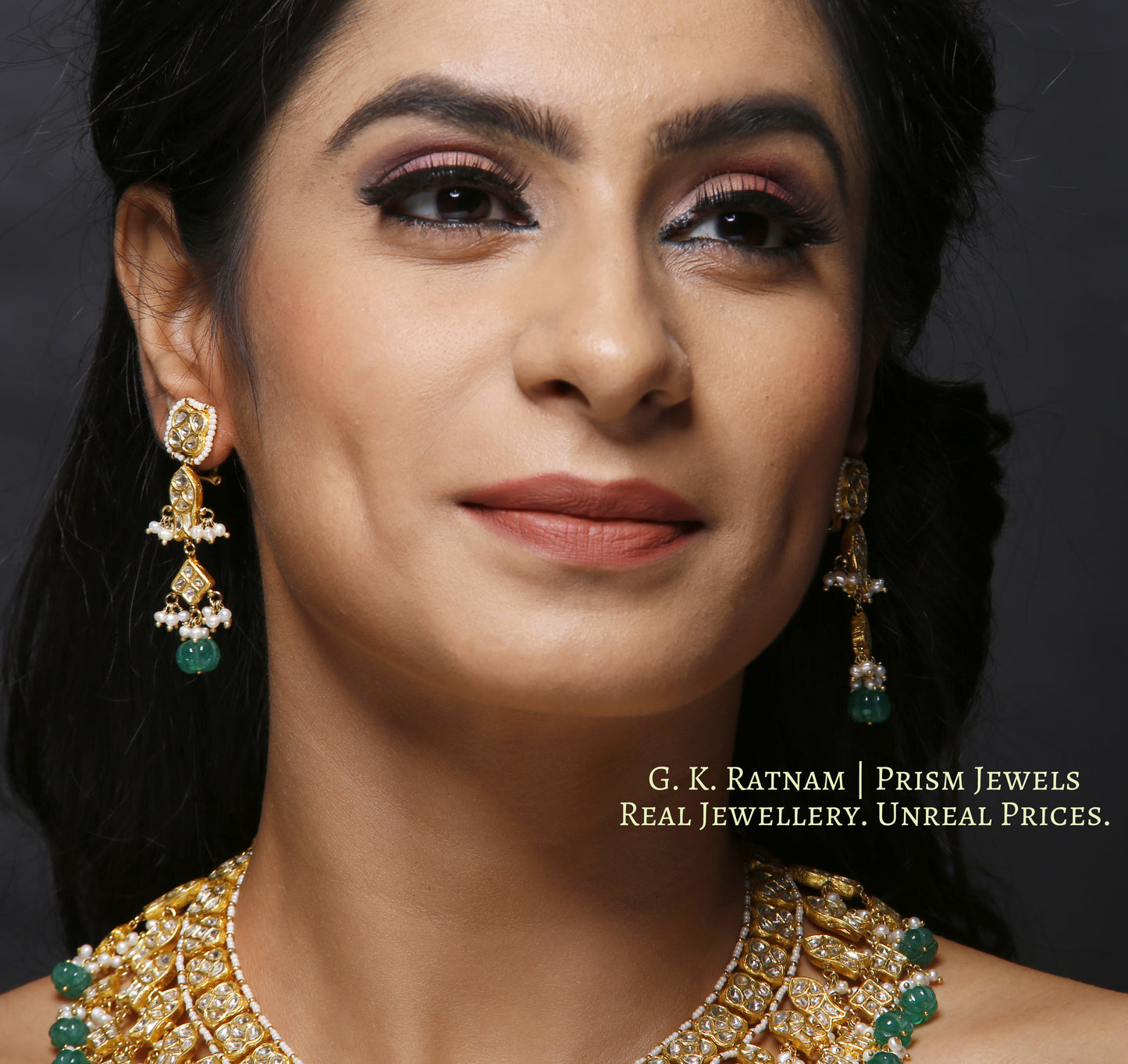 23k Gold and Diamond Polki Necklace Set with fishes and emerald-green melon shaped beads - gold diamond polki kundan meena jadau jewellery