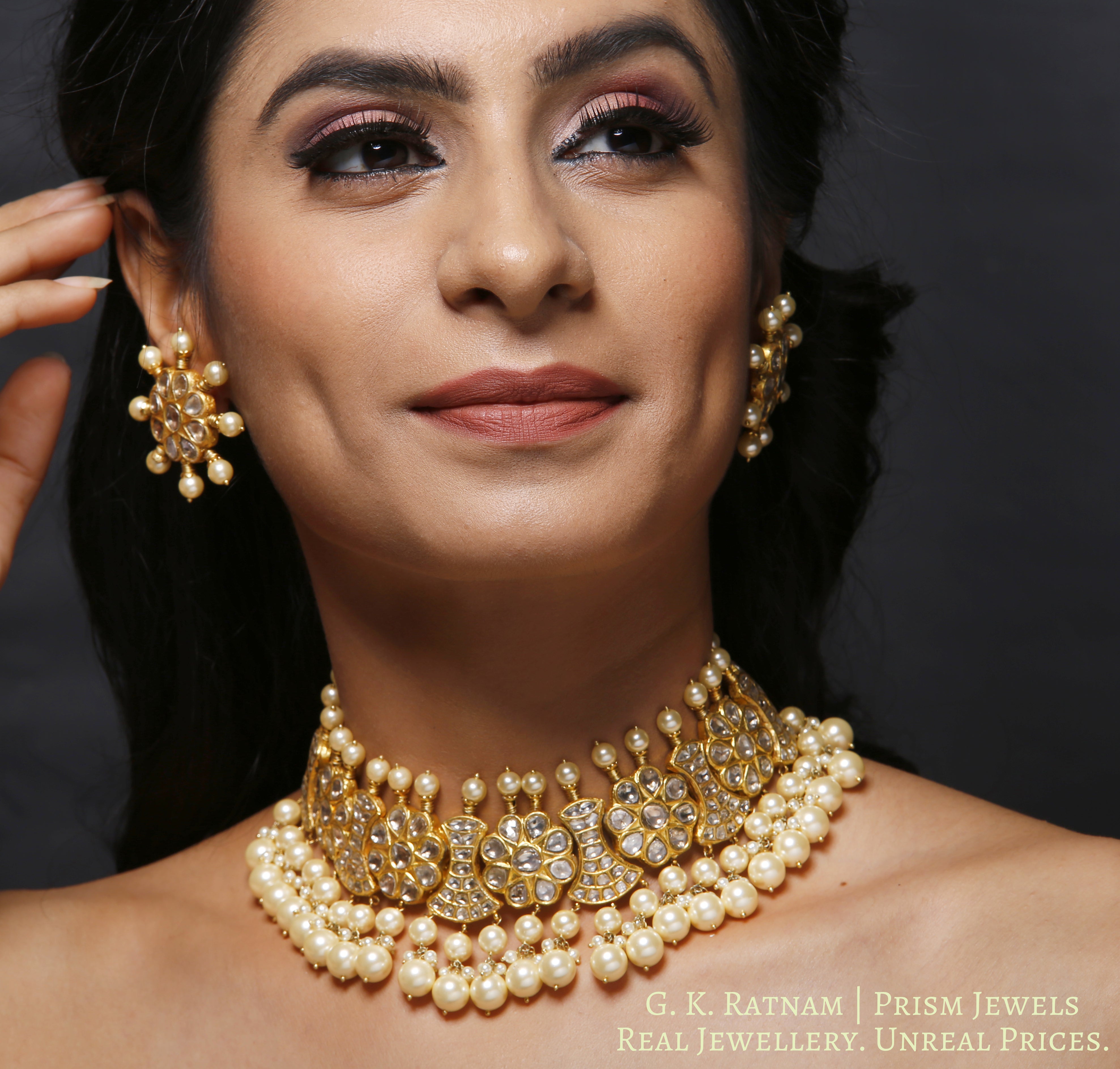 23k Gold and Diamond Polki Choker Necklace Set strung with multiple layers of lustrous pearls - gold diamond polki kundan meena jadau jewellery