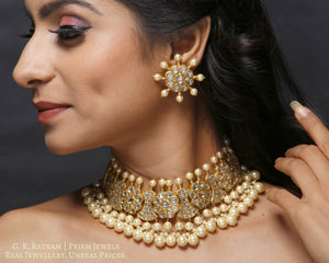 23k Gold and Diamond Polki Choker Necklace Set strung with multiple layers of lustrous pearls - gold diamond polki kundan meena jadau jewellery