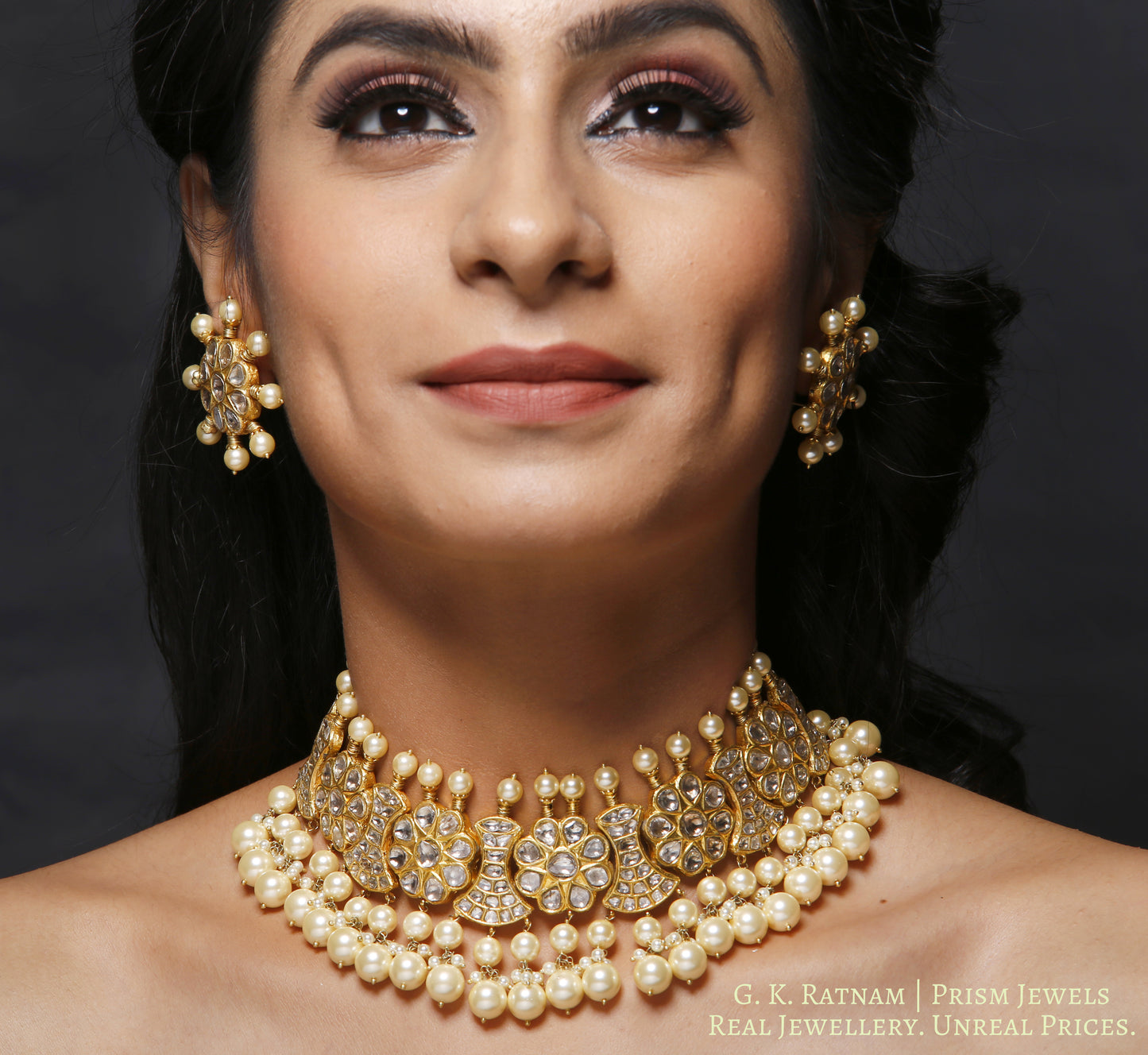 23k Gold and Diamond Polki Choker Necklace Set strung with multiple layers of lustrous pearls - gold diamond polki kundan meena jadau jewellery