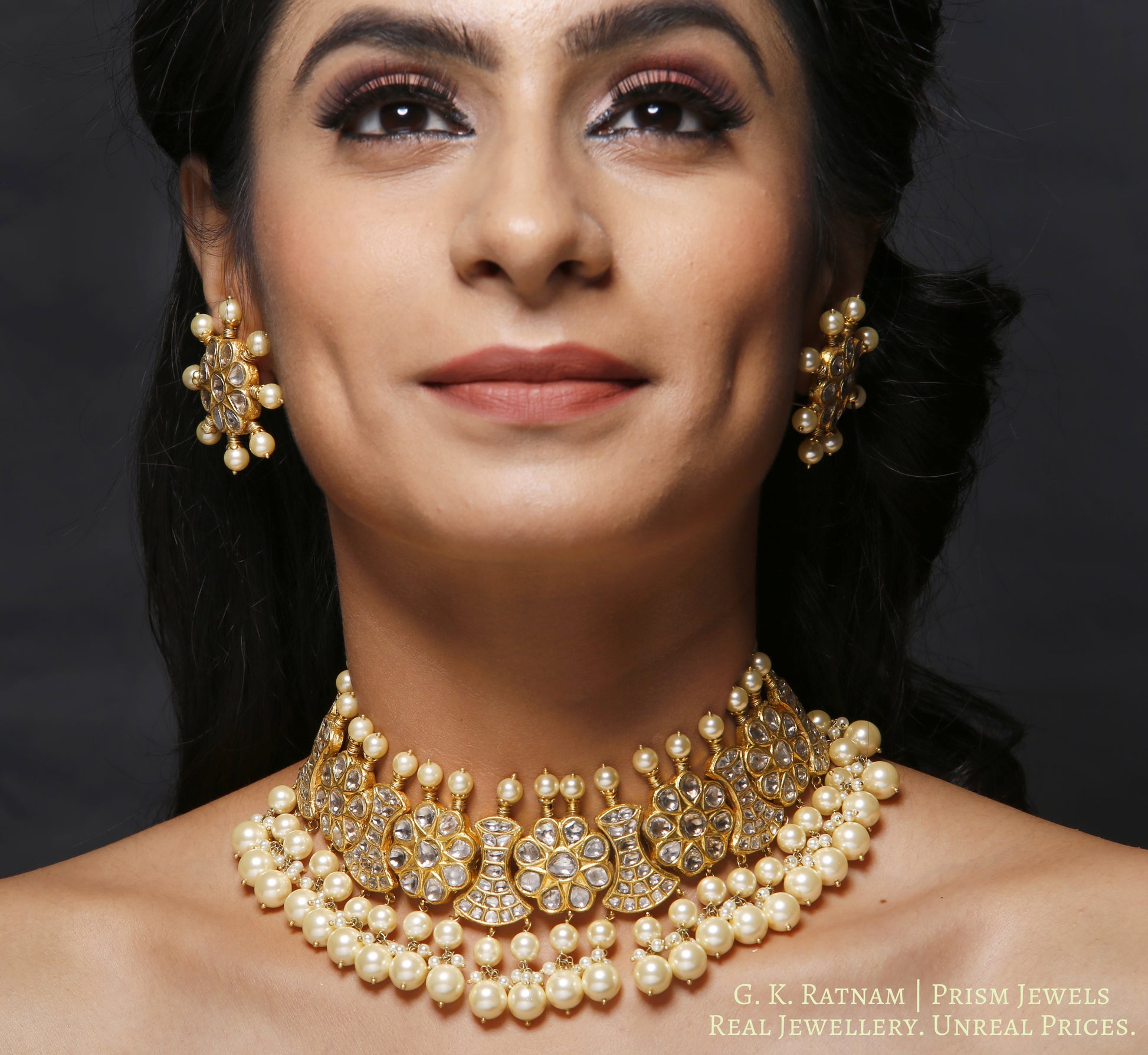 23k Gold and Diamond Polki Choker Necklace Set strung with multiple layers of lustrous pearls - gold diamond polki kundan meena jadau jewellery