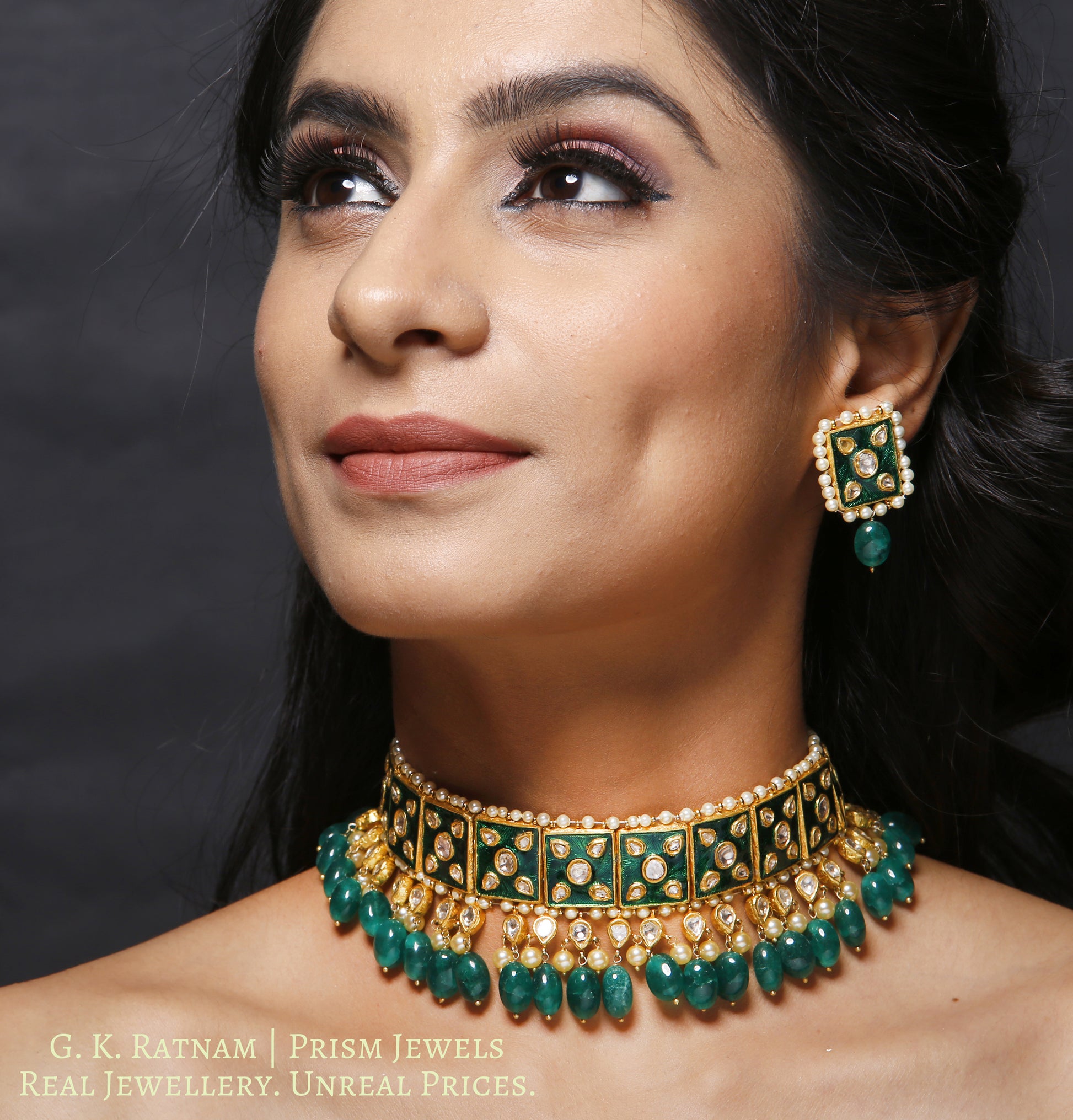 23k Gold and Diamond Polki Choker Necklace Set with green meenakari and emerald-grade green beryls - gold diamond polki kundan meena jadau jewellery