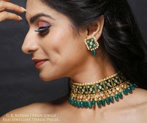 23k Gold and Diamond Polki Choker Necklace Set with green meenakari and emerald-grade green beryls - gold diamond polki kundan meena jadau jewellery
