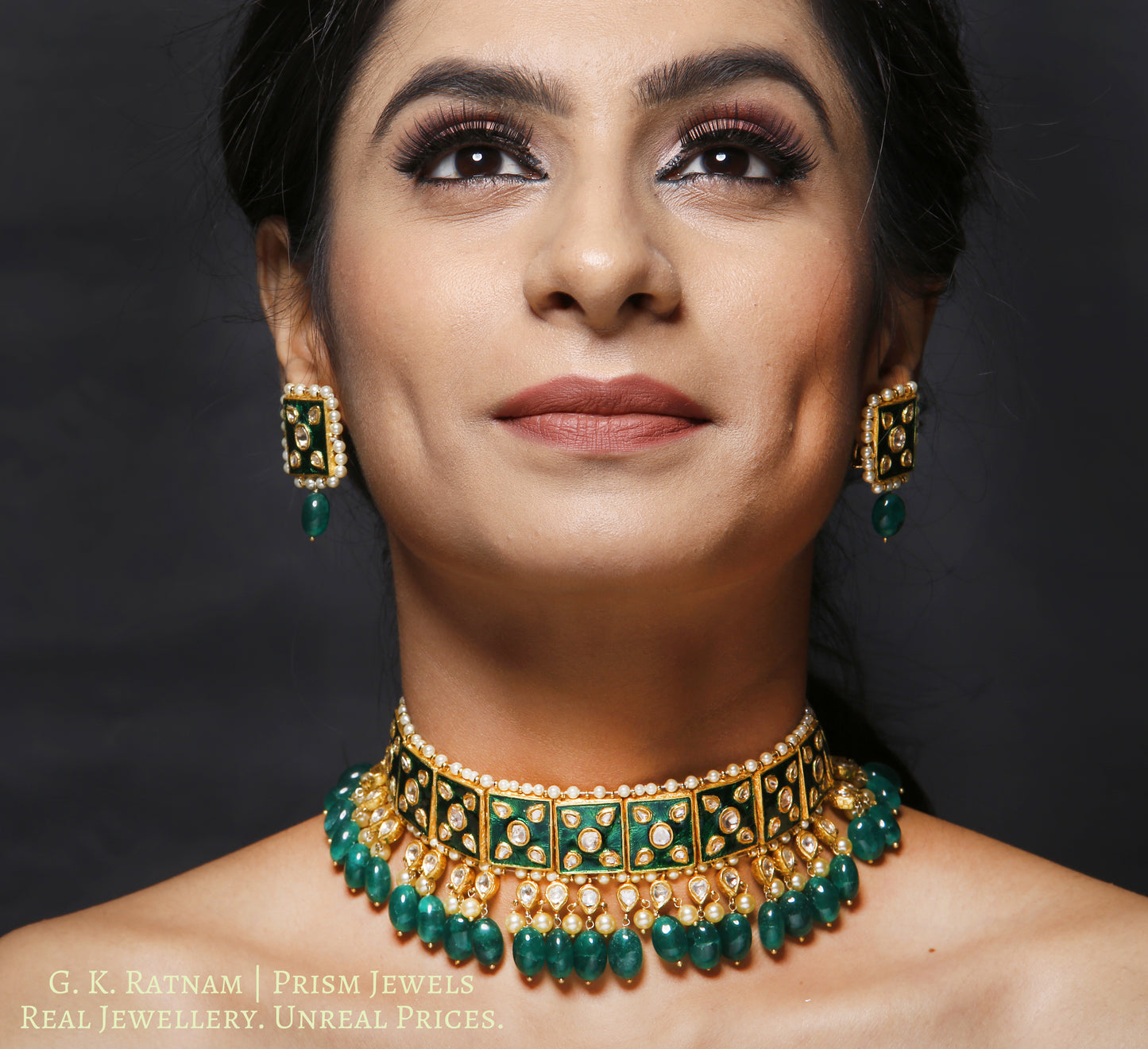 23k Gold and Diamond Polki Choker Necklace Set with green meenakari and emerald-grade green beryls - gold diamond polki kundan meena jadau jewellery