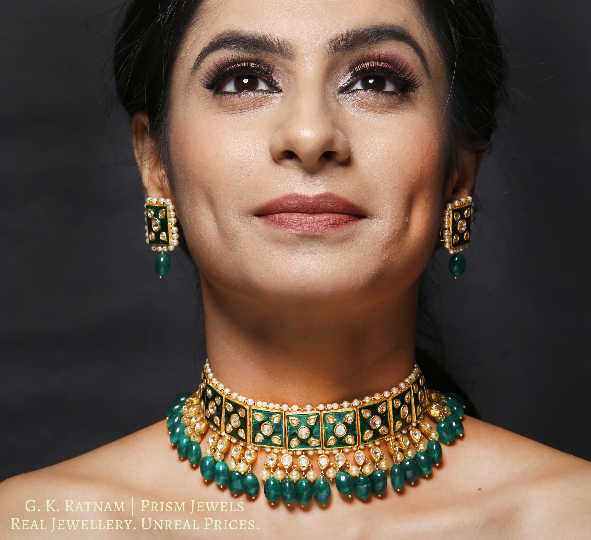 23k Gold and Diamond Polki Choker Necklace Set with green meenakari and emerald-grade green beryls - gold diamond polki kundan meena jadau jewellery