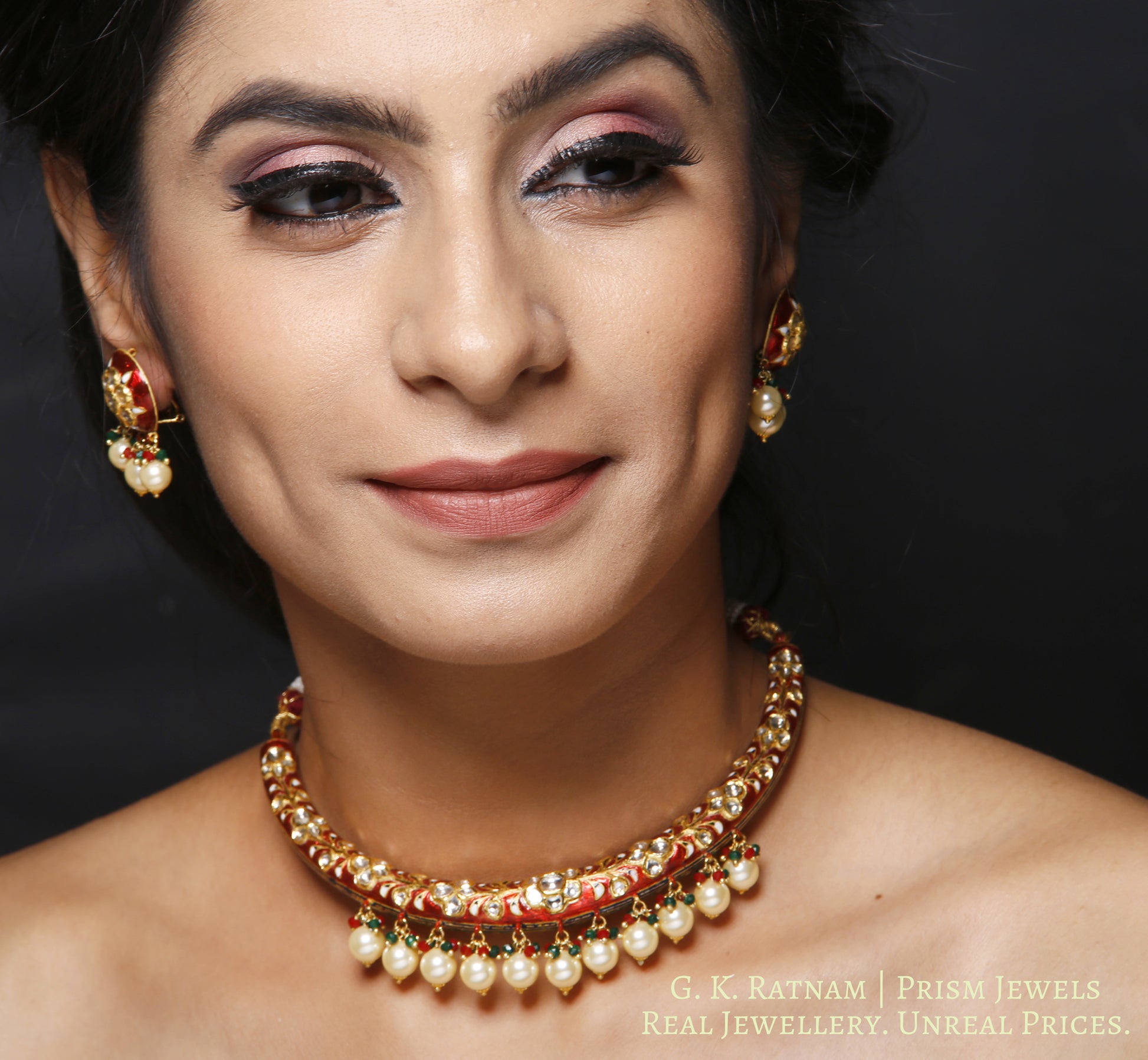 22k Gold and Diamond Polki Hustlie Necklace Set with bright red enamelling - gold diamond polki kundan meena jadau jewellery