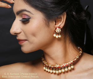 22k Gold and Diamond Polki Hustlie Necklace Set with bright red enamelling - gold diamond polki kundan meena jadau jewellery