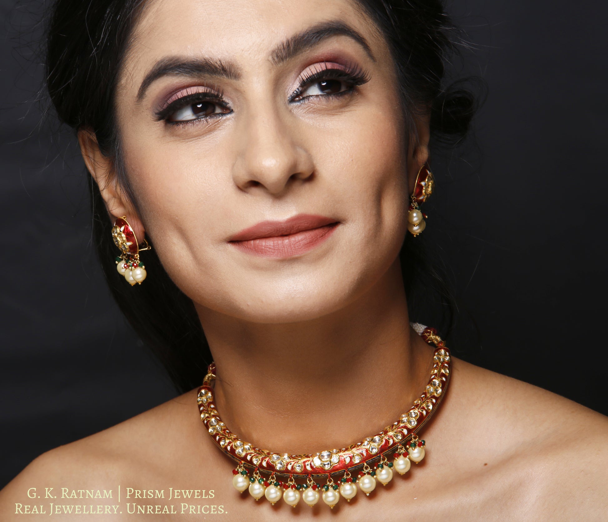 22k Gold and Diamond Polki Hustlie Necklace Set with bright red enamelling - gold diamond polki kundan meena jadau jewellery
