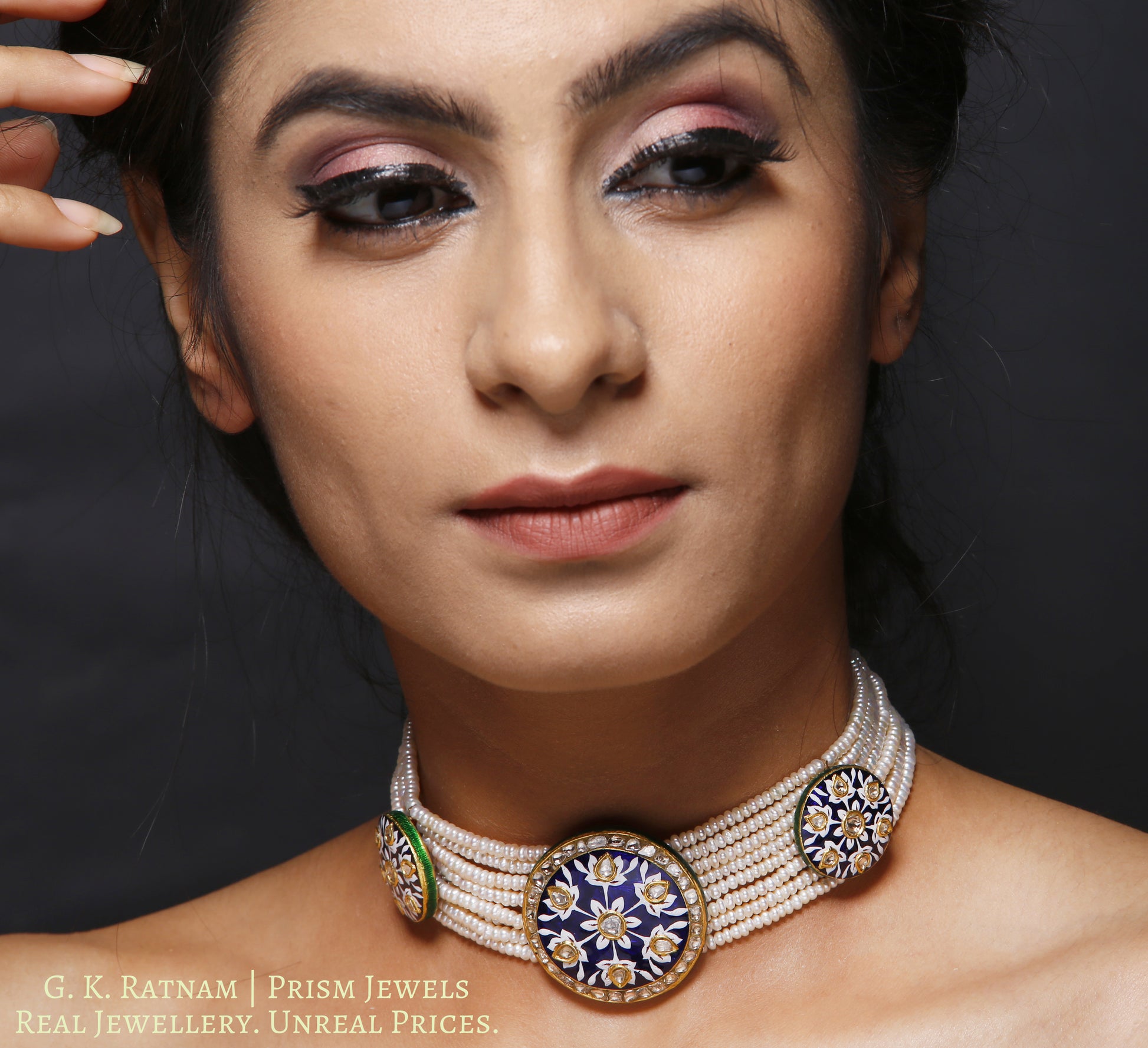 23k Gold and Diamond Polki Choker Necklace Set with exquisite blue pottery - gold diamond polki kundan meena jadau jewellery