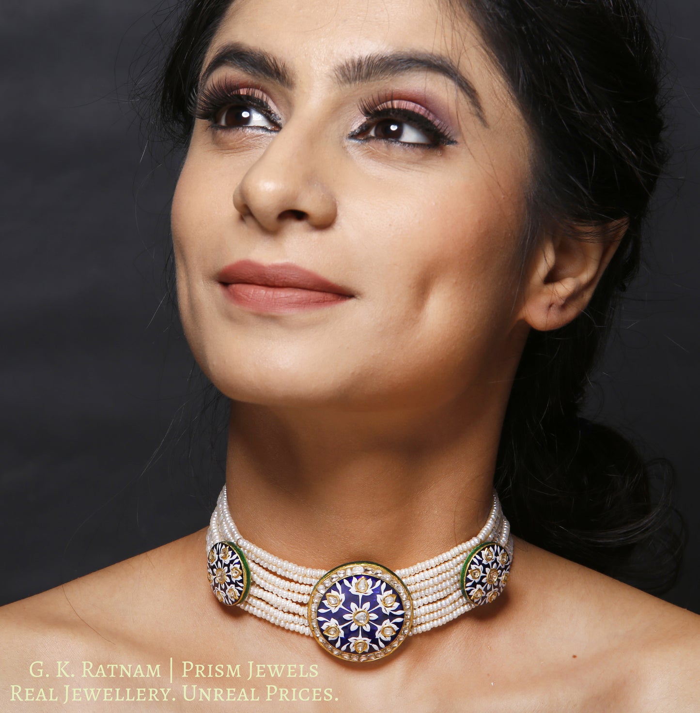 23k Gold and Diamond Polki Choker Necklace Set with exquisite blue pottery - gold diamond polki kundan meena jadau jewellery