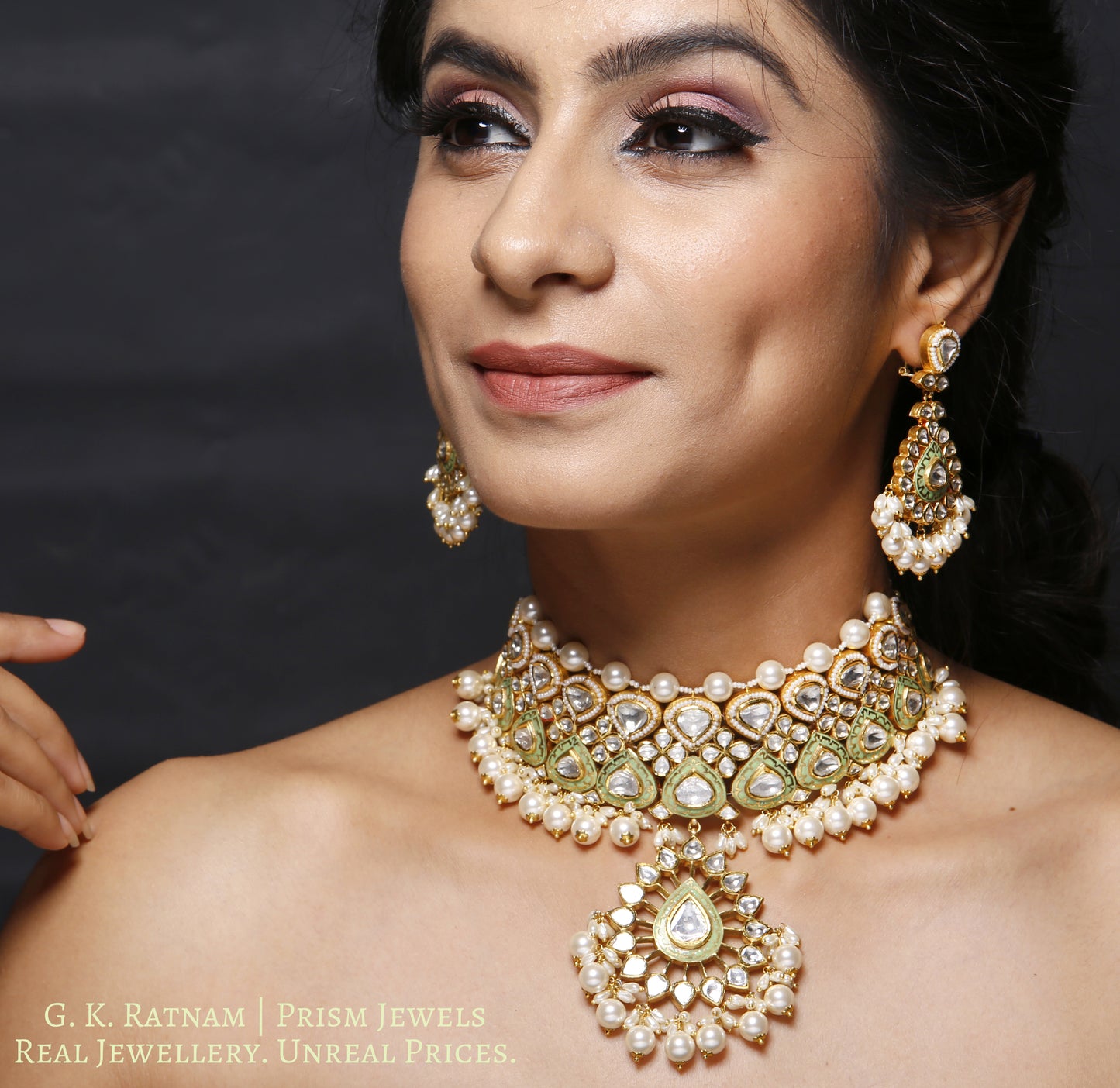 18k Gold and Diamond Polki Choker Necklace Set with elegant parrot green enamel - gold diamond polki kundan meena jadau jewellery