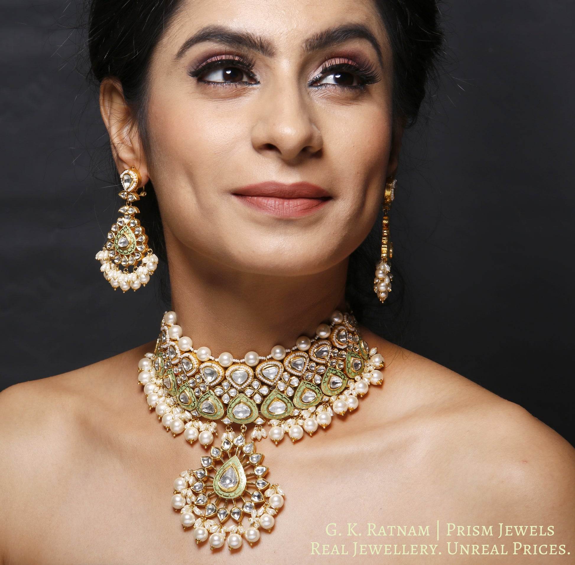 18k Gold and Diamond Polki Choker Necklace Set with elegant parrot green enamel - gold diamond polki kundan meena jadau jewellery
