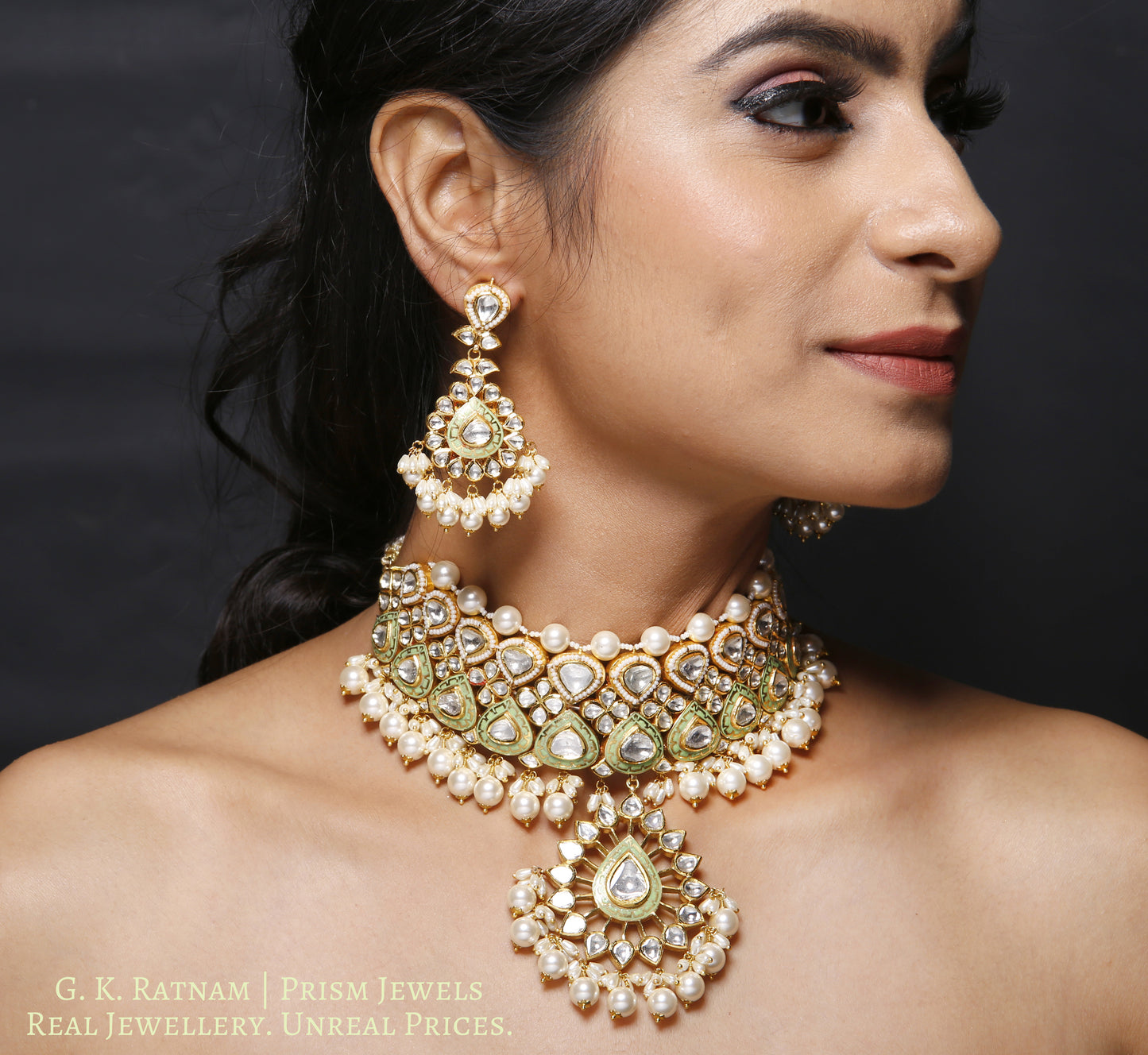 18k Gold and Diamond Polki Choker Necklace Set with elegant parrot green enamel - gold diamond polki kundan meena jadau jewellery