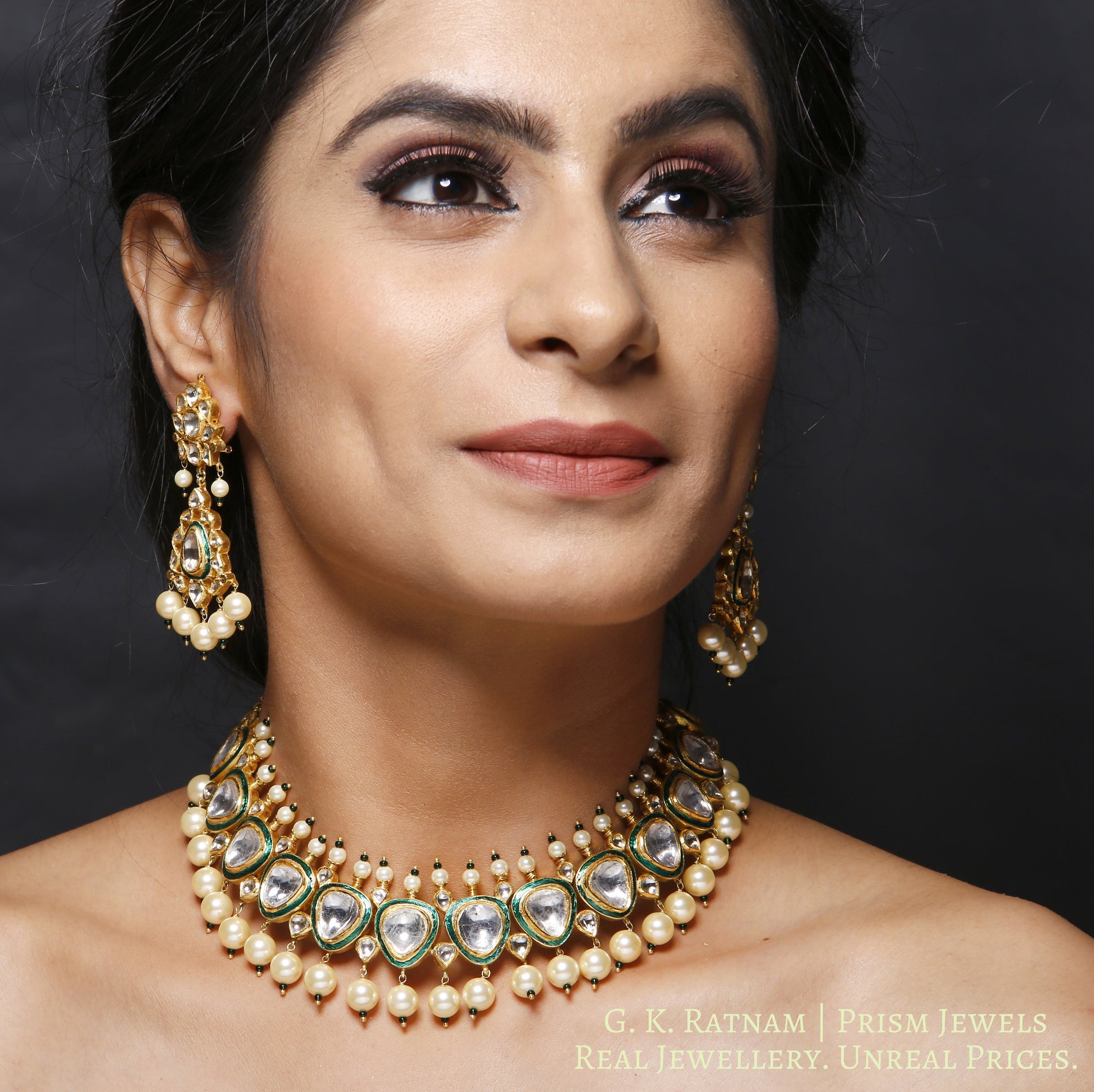 18k Gold and Diamond Polki green-enamel Necklace Set with big uncut diamonds - gold diamond polki kundan meena jadau jewellery